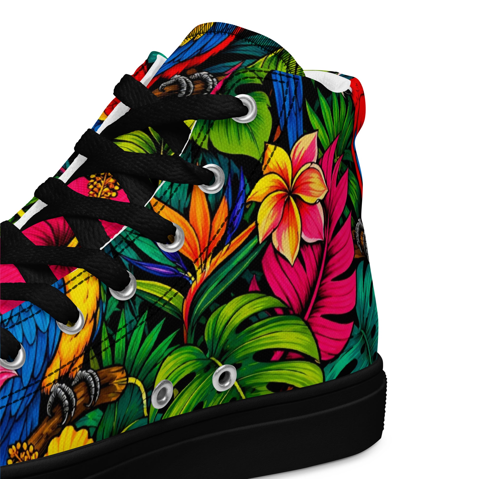 Women’s high top canvas shoes - Tropical Paradiso: Women’s High Top Canvas Shoes - Exotic Parrot & Floral Art by printfluence.net