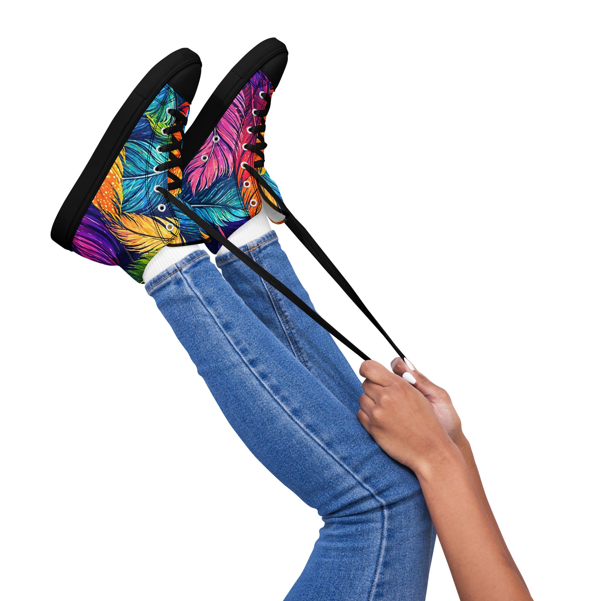 Women’s high top canvas shoes - Boho Spirit: Women’s High Top Canvas Shoes - Vibrant Feather Fantasy Design by printfluence.net