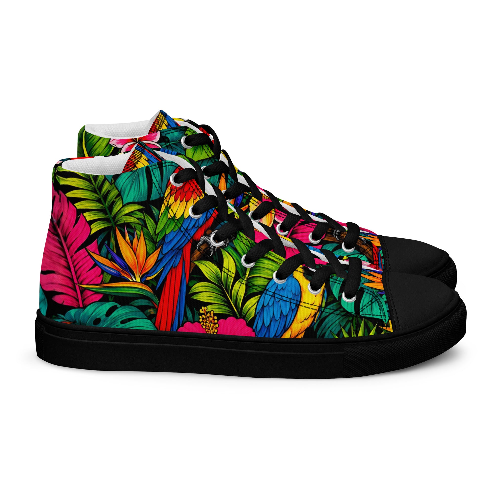 Women’s high top canvas shoes - Tropical Paradiso: Women’s High Top Canvas Shoes - Exotic Parrot & Floral Art by printfluence.net