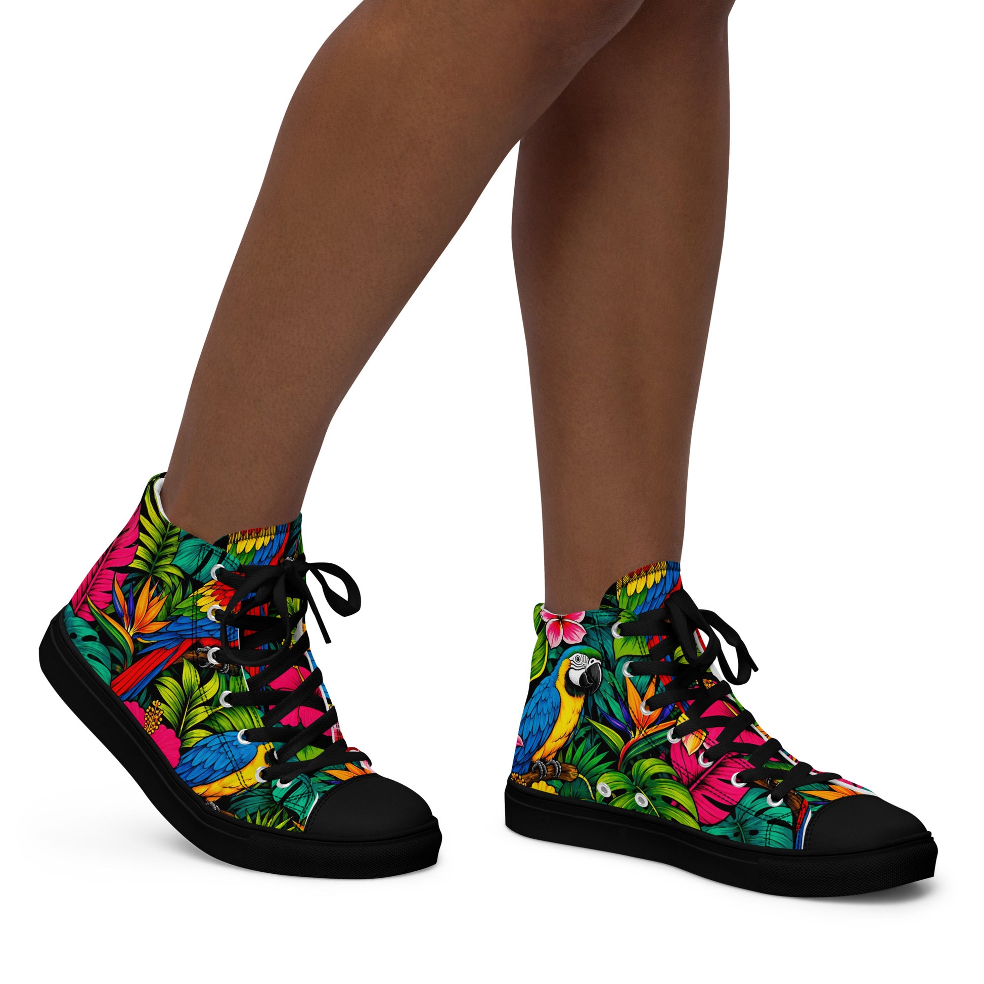 Women’s high top canvas shoes - Tropical Paradiso: Women’s High Top Canvas Shoes - Exotic Parrot & Floral Art by printfluence.net