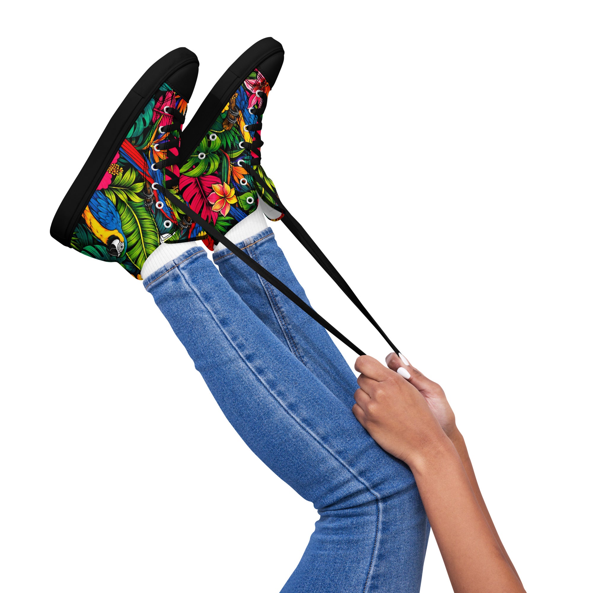 Women’s high top canvas shoes - Tropical Paradiso: Women’s High Top Canvas Shoes - Exotic Parrot & Floral Art by printfluence.net