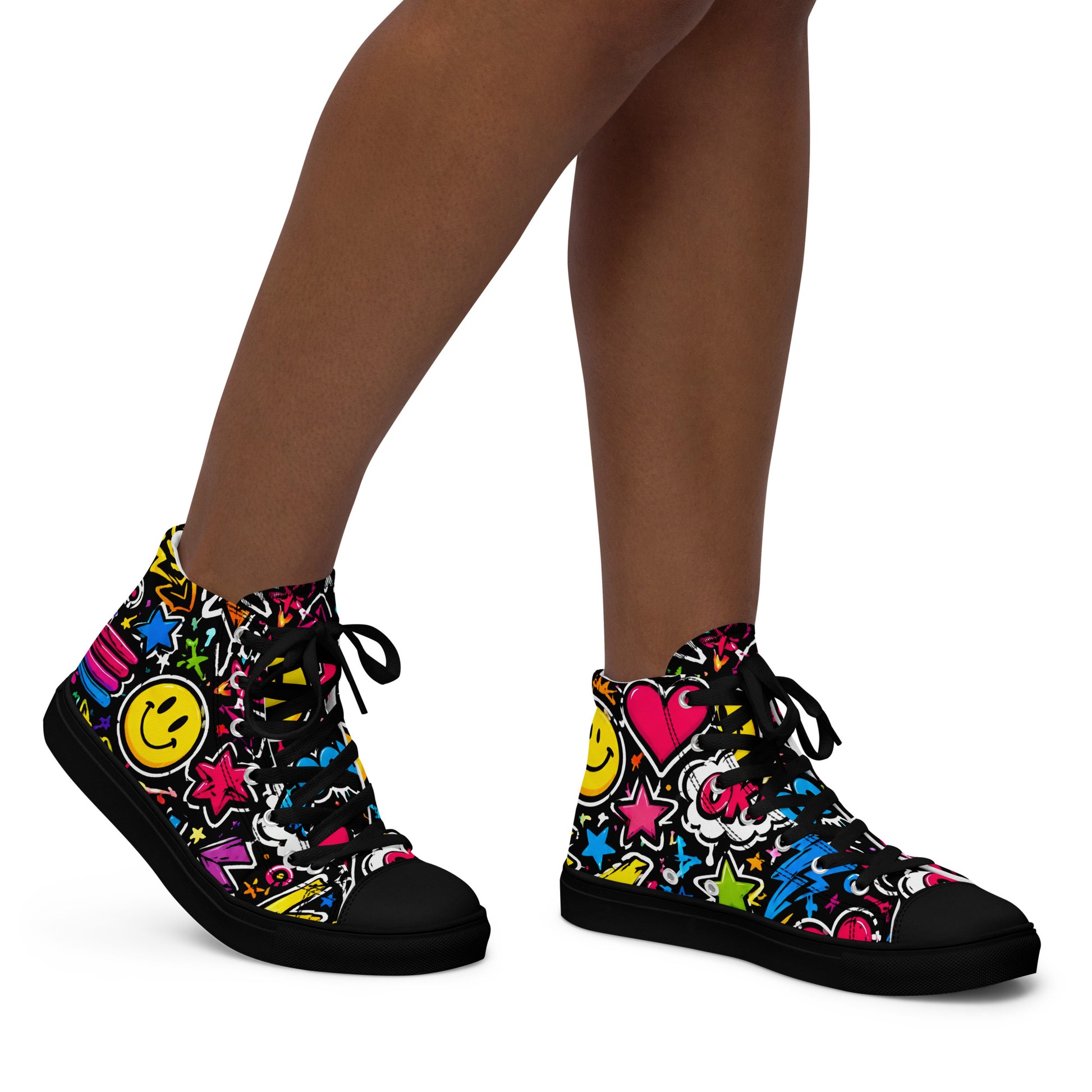 Women’s high top canvas shoes - Happy Vibes: Women’s High Top Canvas Shoes - Colorful Pop Art & Emoji Doodles by printfluence.net