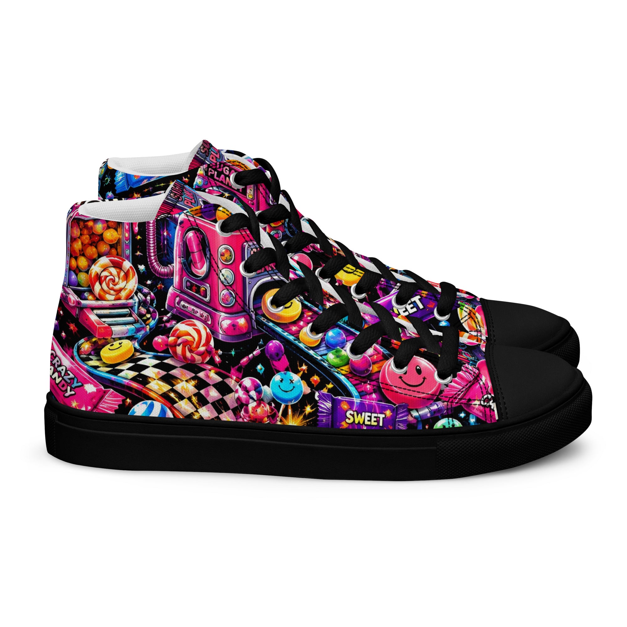 Women’s high top canvas shoes - Elite Sugar Planet Candy Machine - Premium Neon Pop Art Seamless Design by printfluence.net