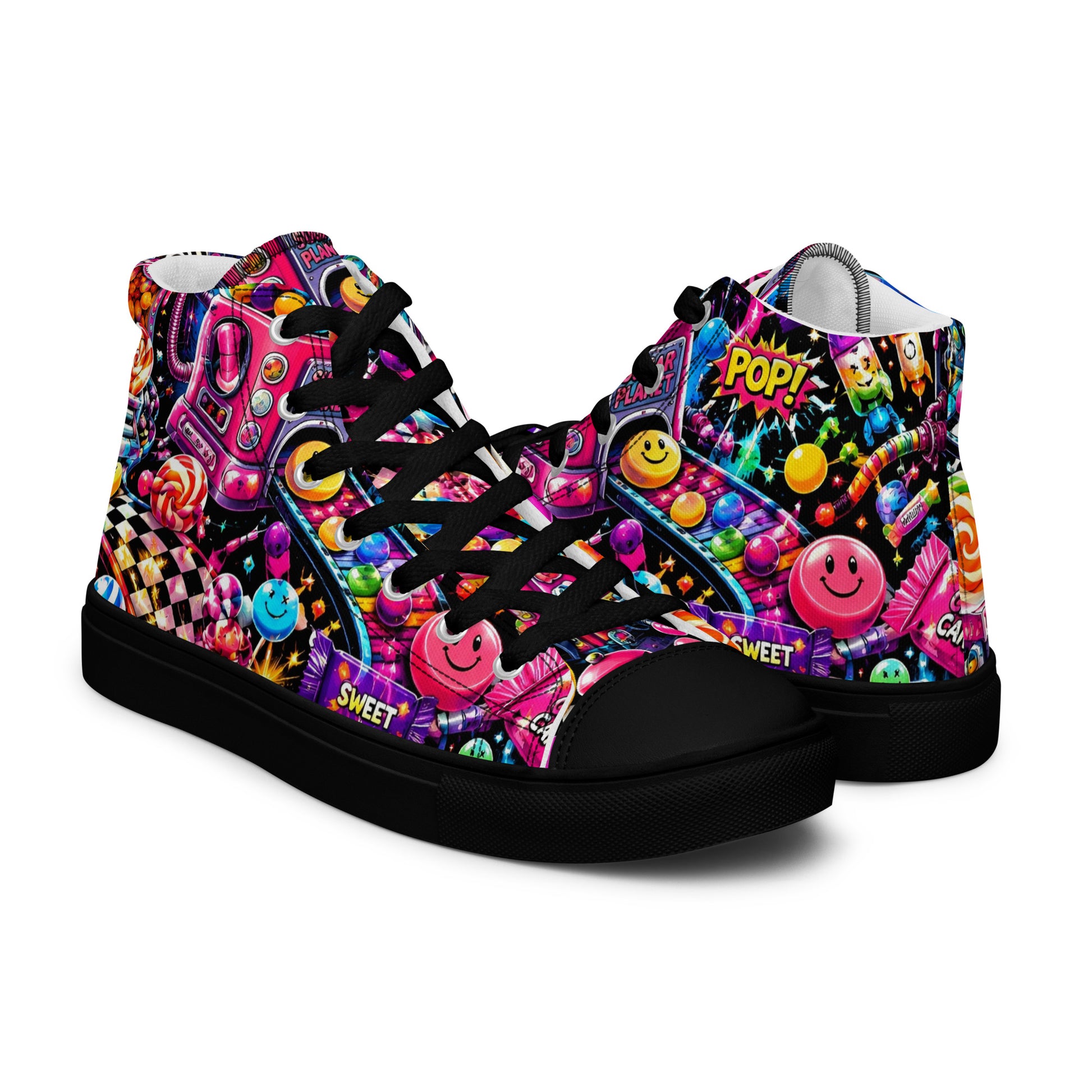 Women’s high top canvas shoes - Elite Sugar Planet Candy Machine - Premium Neon Pop Art Seamless Design by printfluence.net