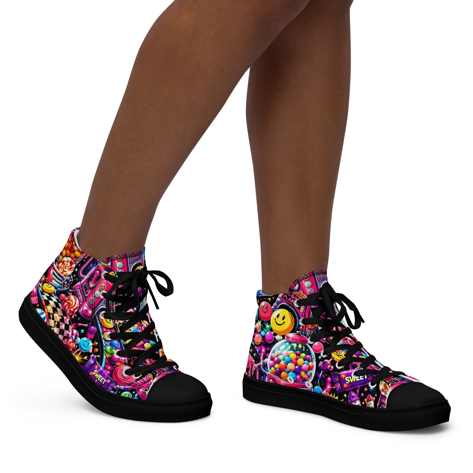 Women’s high top canvas shoes - Elite Sugar Planet Candy Machine - Premium Neon Pop Art Seamless Design by printfluence.net
