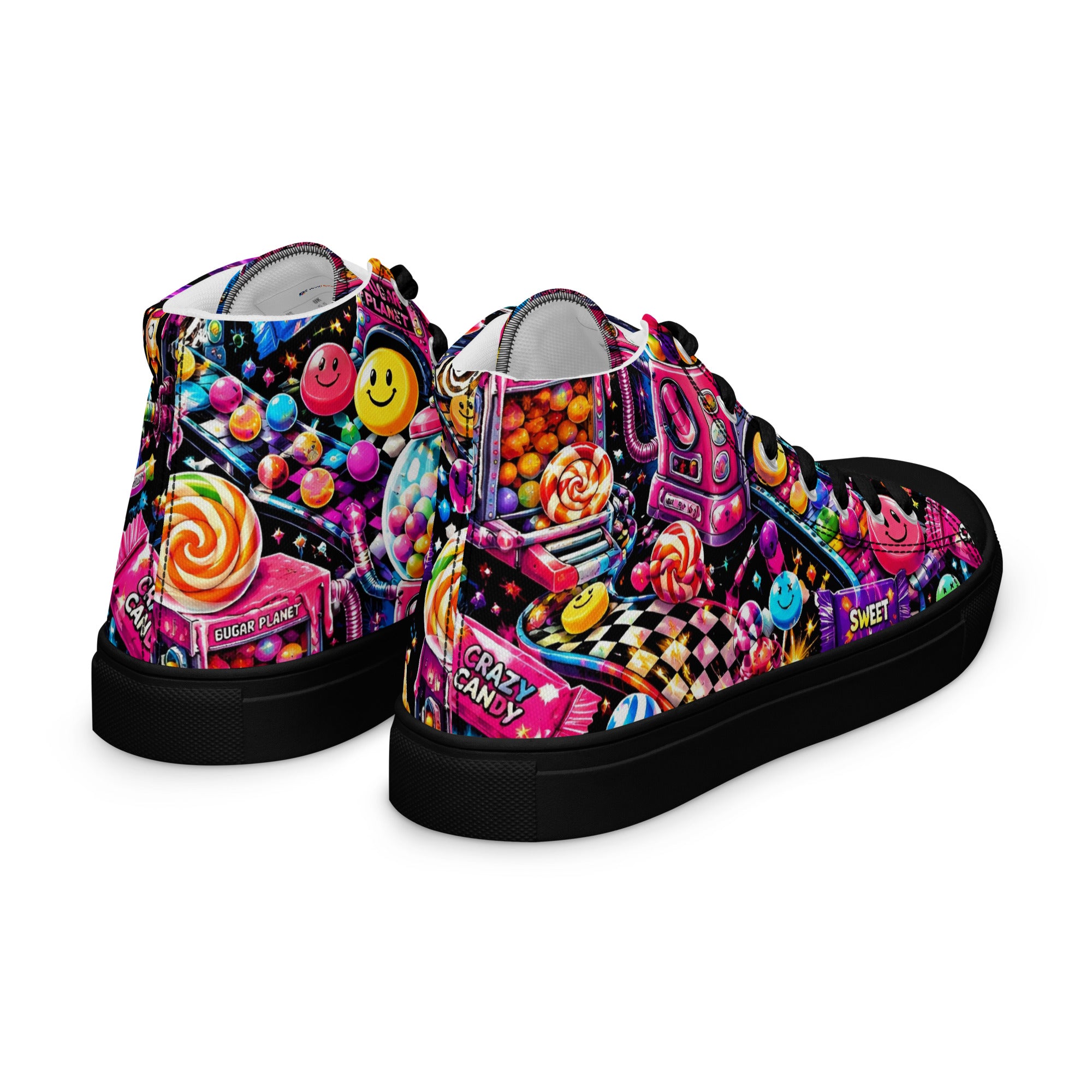 Women’s high top canvas shoes - Elite Sugar Planet Candy Machine - Premium Neon Pop Art Seamless Design by printfluence.net