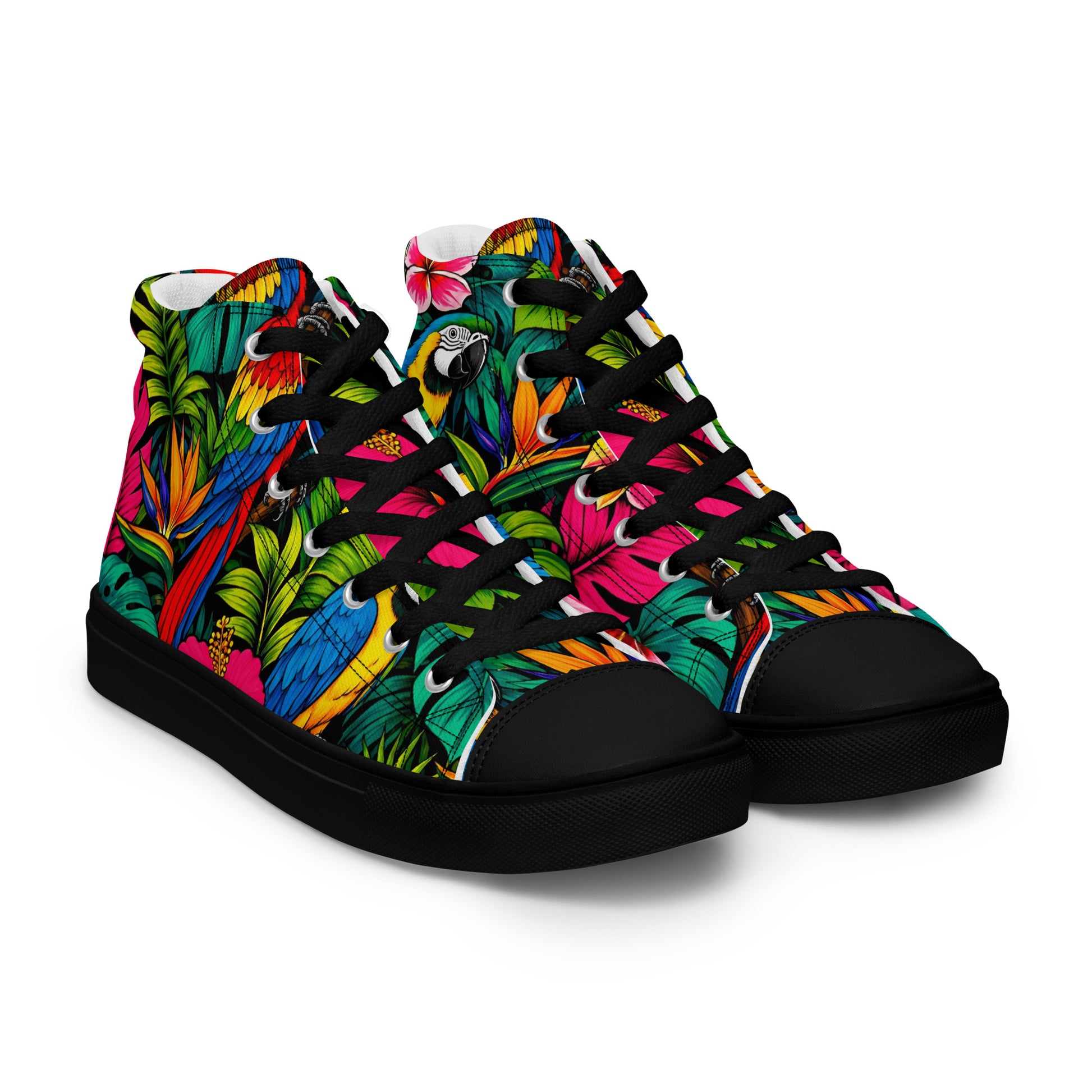 Women’s high top canvas shoes - Tropical Paradiso: Women’s High Top Canvas Shoes - Exotic Parrot & Floral Art by printfluence.net
