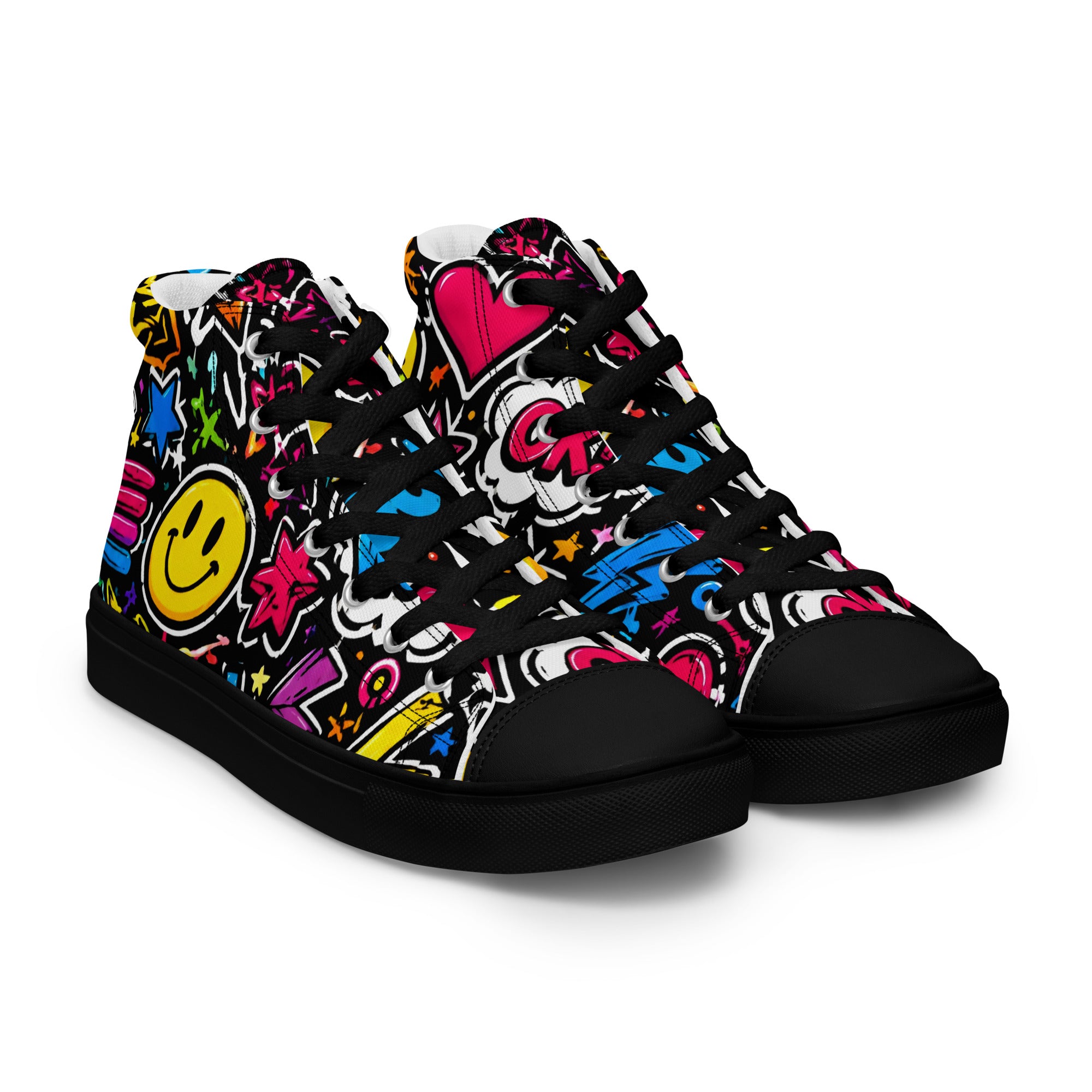 Women’s high top canvas shoes - Happy Vibes: Women’s High Top Canvas Shoes - Colorful Pop Art & Emoji Doodles by printfluence.net
