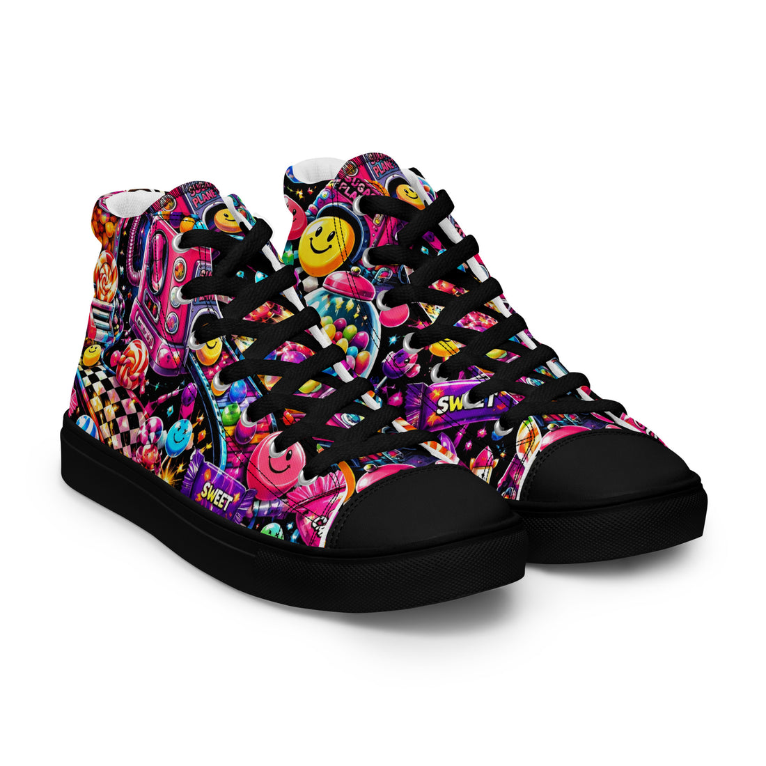 Women’s high top canvas shoes - Elite Sugar Planet Candy Machine - Premium Neon Pop Art Seamless Design by printfluence.net