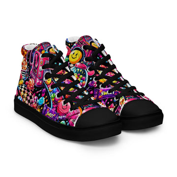 Women’s high top canvas shoes - Elite Sugar Planet Candy Machine - Premium Neon Pop Art Seamless Design by printfluence.net