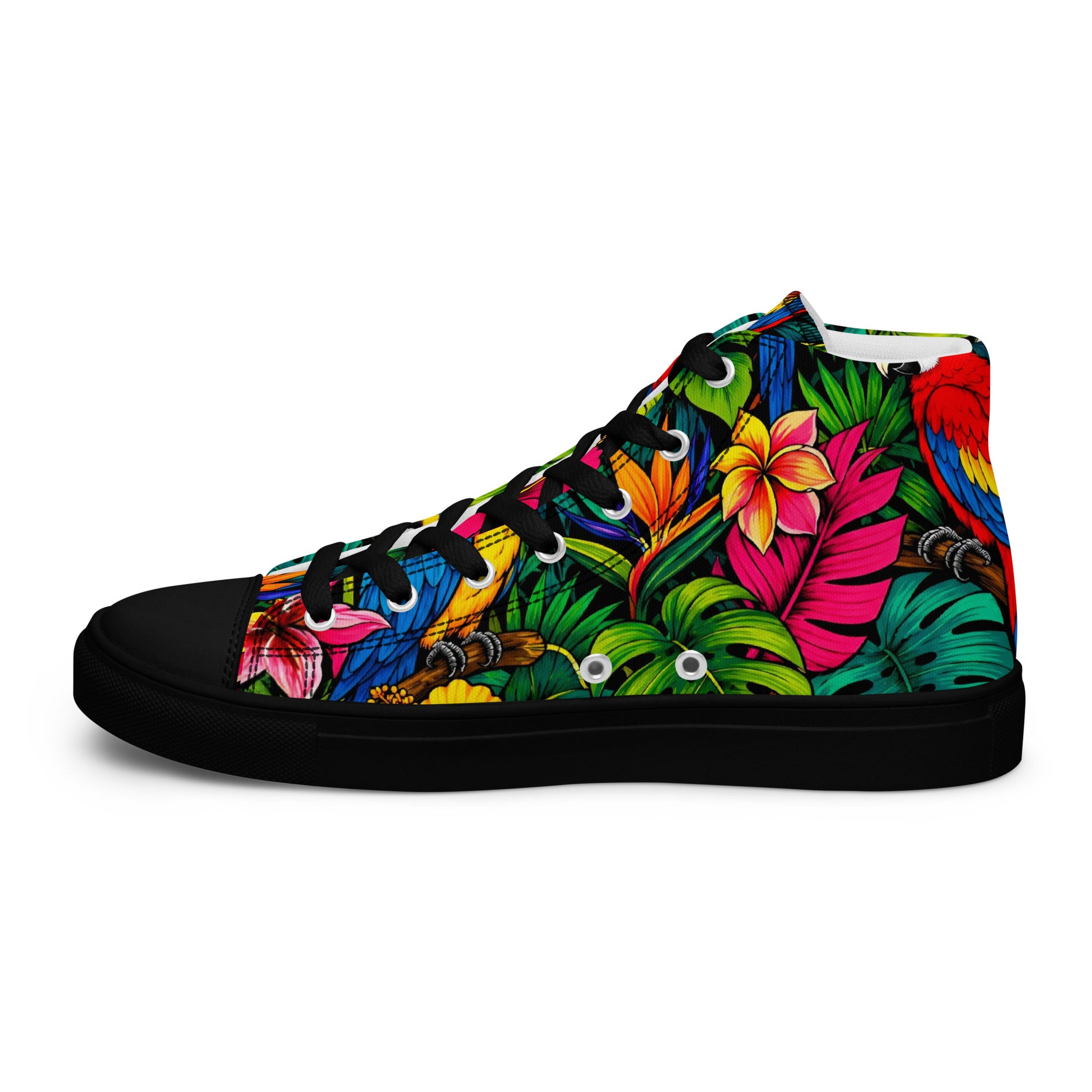 Women’s high top canvas shoes - Tropical Paradiso: Women’s High Top Canvas Shoes - Exotic Parrot & Floral Art by printfluence.net