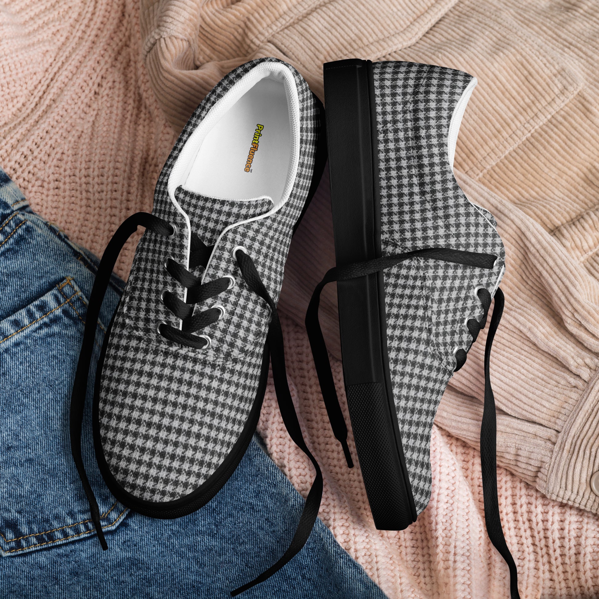 Women’s lace-up canvas shoes - Chic Monochrome: Women’s Lace-Up Canvas Shoes - Classic Black & White Houndstooth by printfluence.net