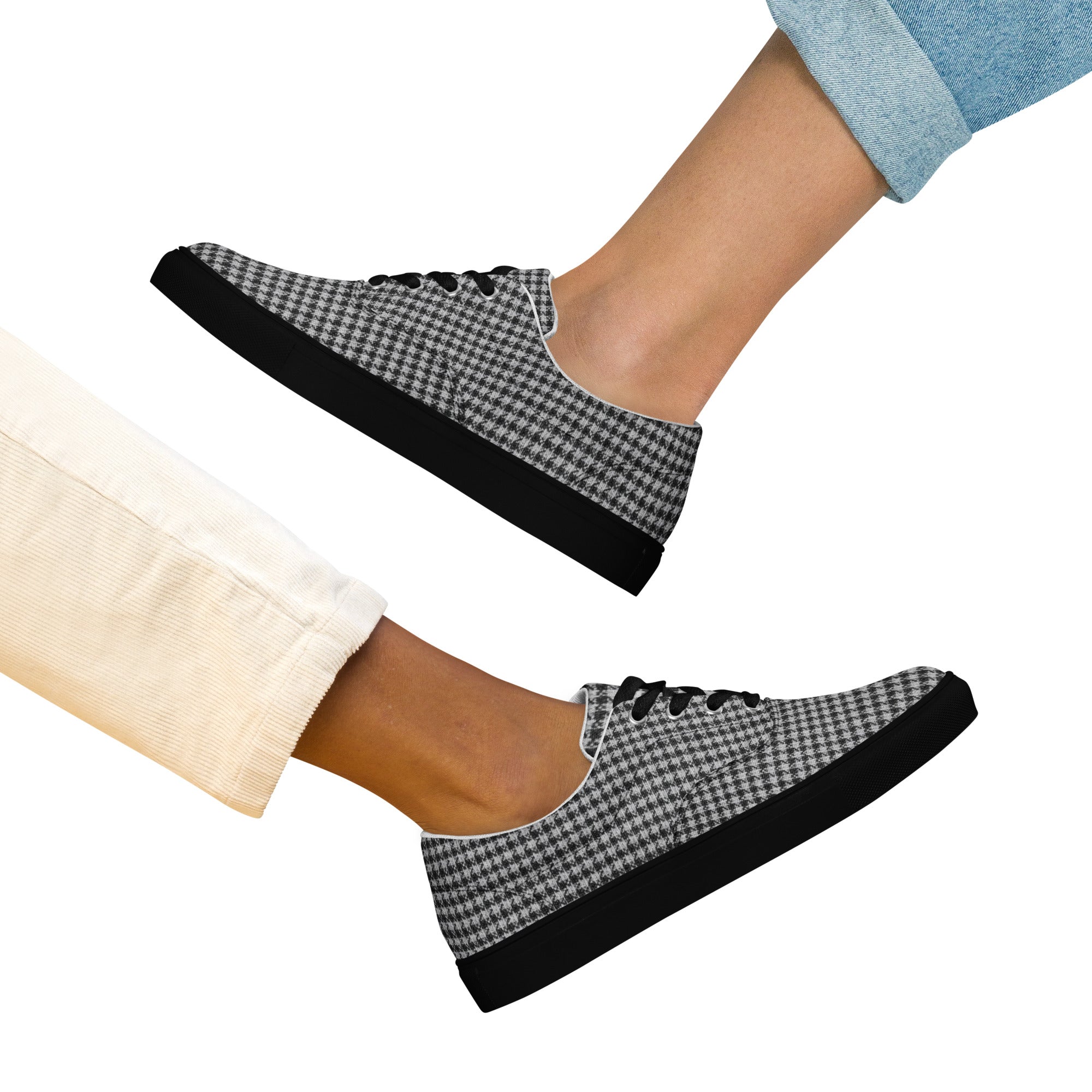 Women’s lace-up canvas shoes - Chic Monochrome: Women’s Lace-Up Canvas Shoes - Classic Black & White Houndstooth by printfluence.net