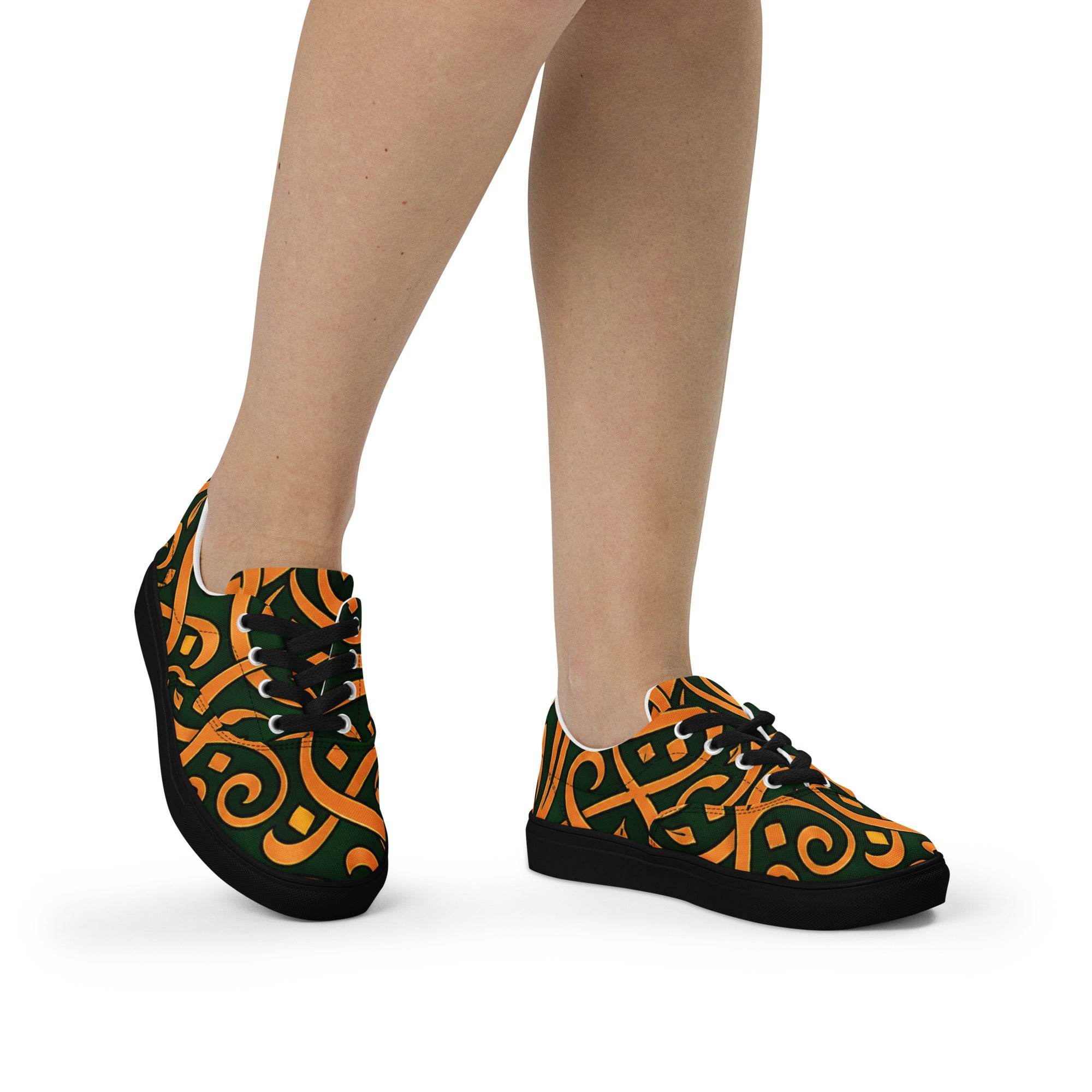Women’s lace-up canvas shoes - Emerald Calligraphy: Women’s Lace-Up Canvas Shoes - Elegant Arabic Script Art by printfluence.net