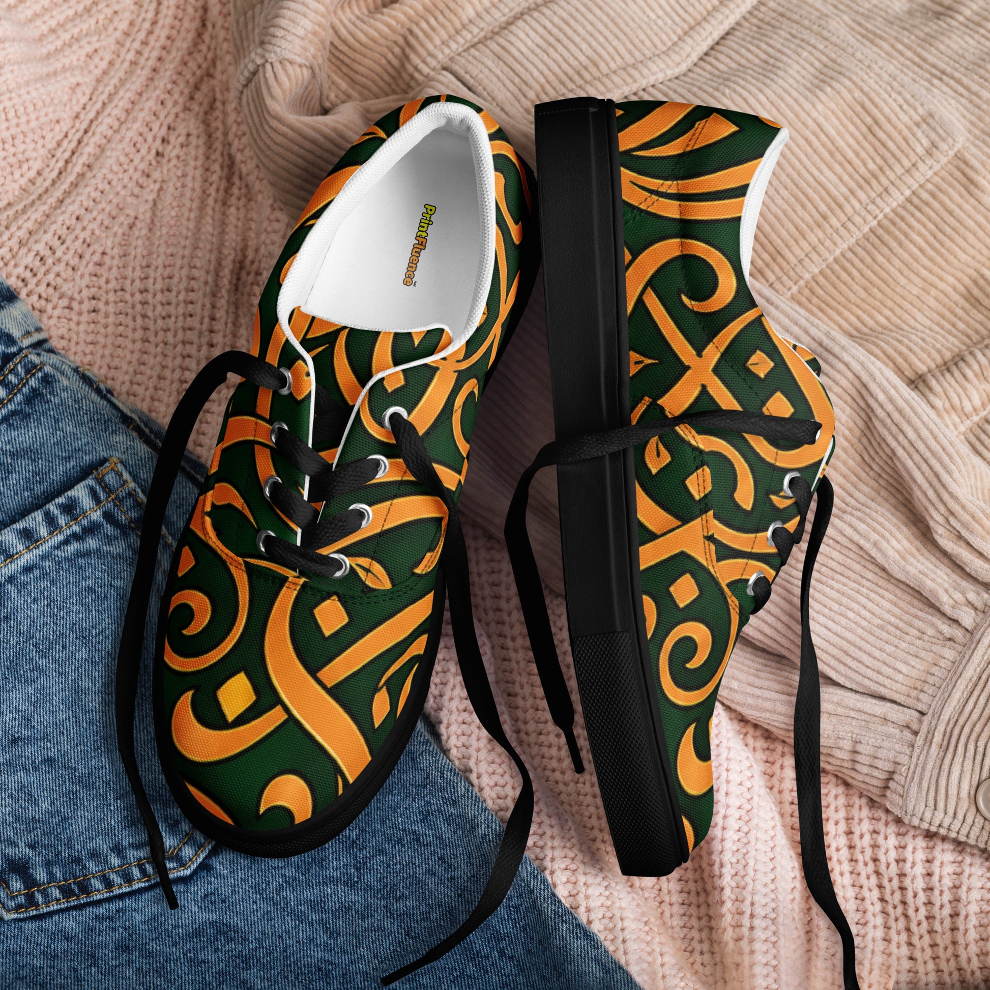 Women’s lace-up canvas shoes - Emerald Calligraphy: Women’s Lace-Up Canvas Shoes - Elegant Arabic Script Art by printfluence.net