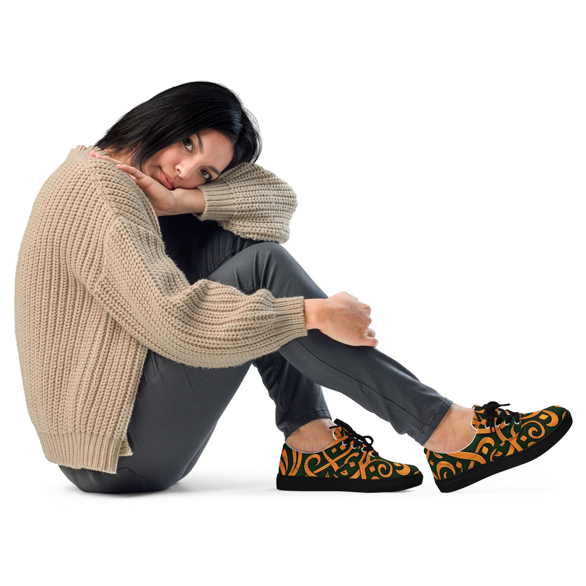 Women’s lace-up canvas shoes - Emerald Calligraphy: Women’s Lace-Up Canvas Shoes - Elegant Arabic Script Art by printfluence.net