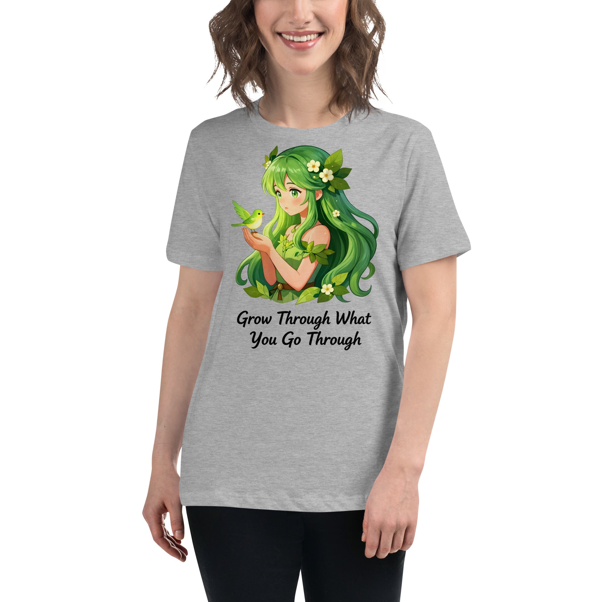 Women's Relaxed T-Shirt - Green Nature Girl With Bird – Inspirational “Grow Through What You Go Through” Quote Art by printfluence.net