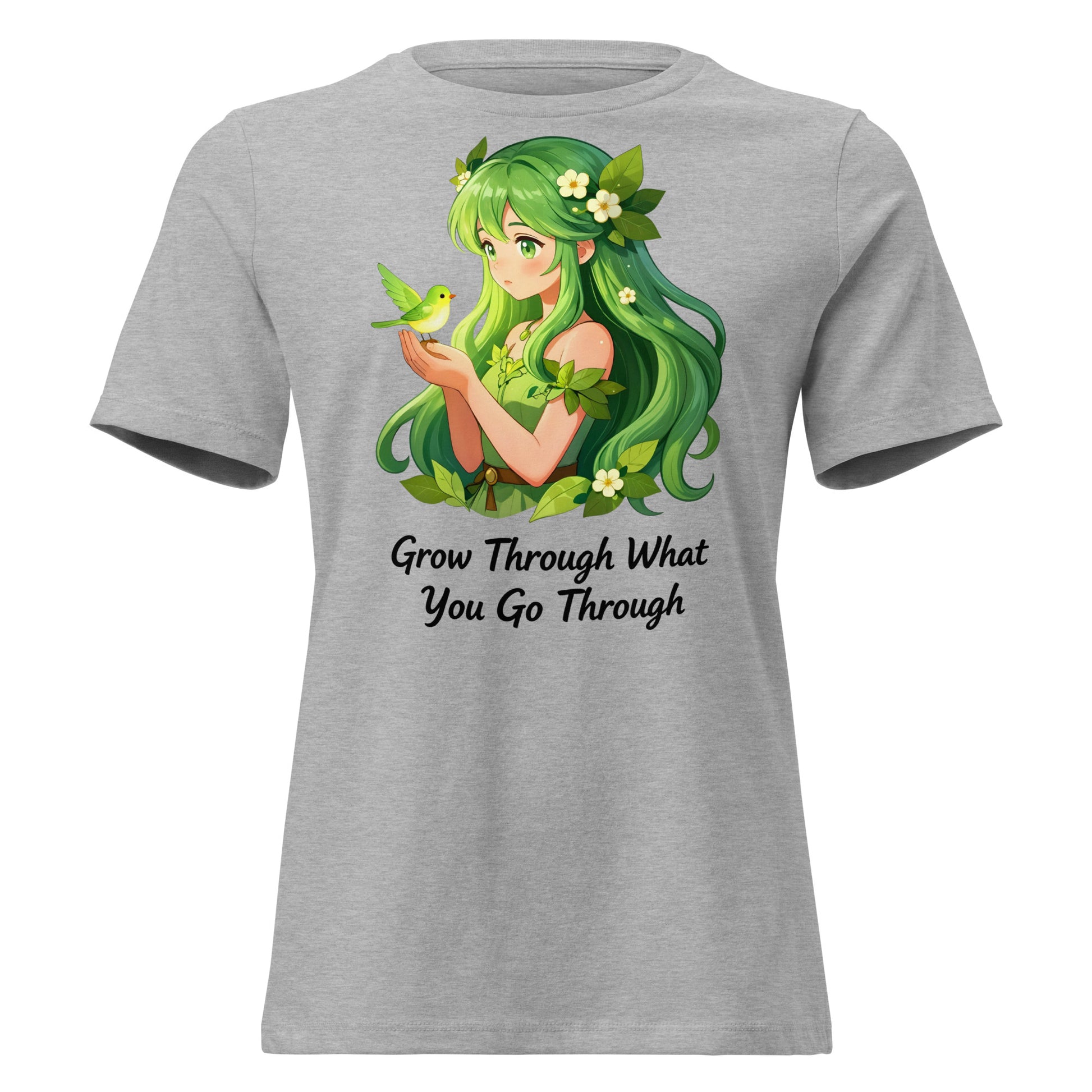 Women's Relaxed T-Shirt - Green Nature Girl With Bird – Inspirational “Grow Through What You Go Through” Quote Art by printfluence.net