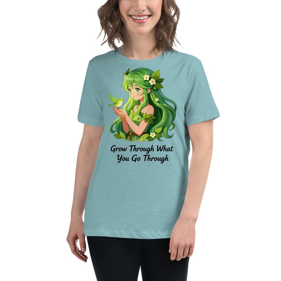 Women's Relaxed T-Shirt - Green Nature Girl With Bird – Inspirational “Grow Through What You Go Through” Quote Art by printfluence.net