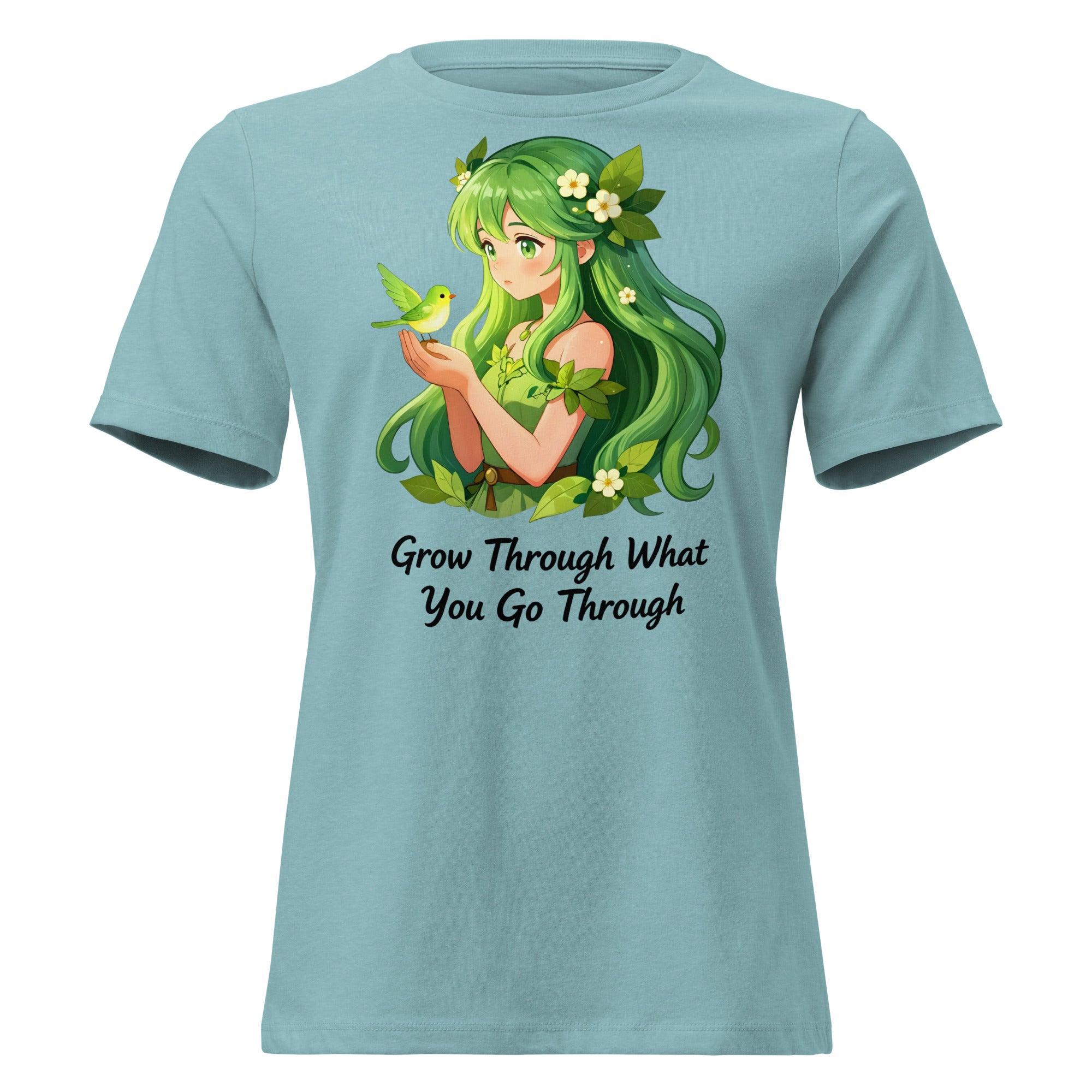 Women's Relaxed T-Shirt - Green Nature Girl With Bird – Inspirational “Grow Through What You Go Through” Quote Art by printfluence.net