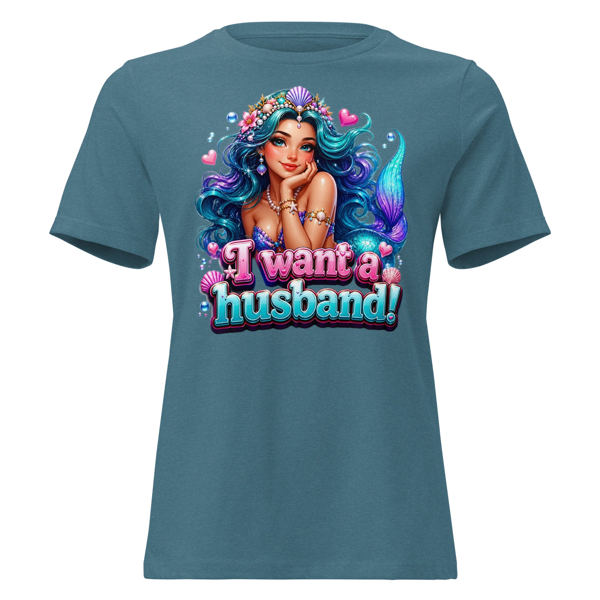 Women's Relaxed T-Shirt - I Want A Husband - Cute Magical Mermaid by printfluence.net