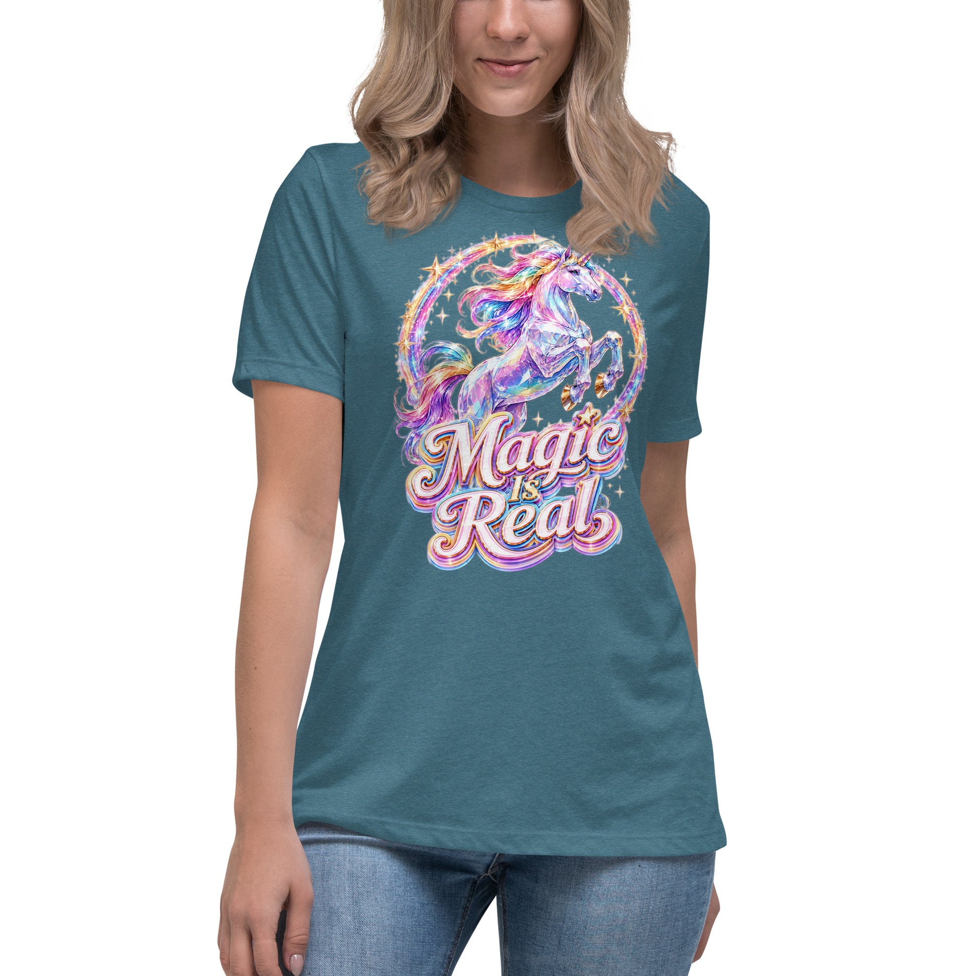 Women's Relaxed T-Shirt -Majestic Crystal Unicorn - Magic Is Real Premium Graphic Design by printfluence.net