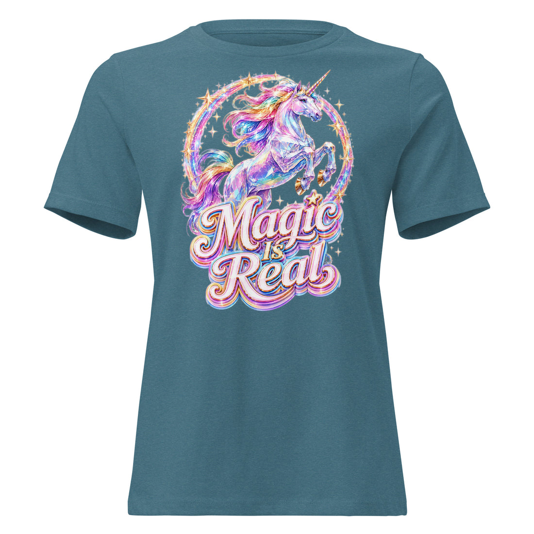 Women's Relaxed T-Shirt -Majestic Crystal Unicorn - Magic Is Real Premium Graphic Design by printfluence.net