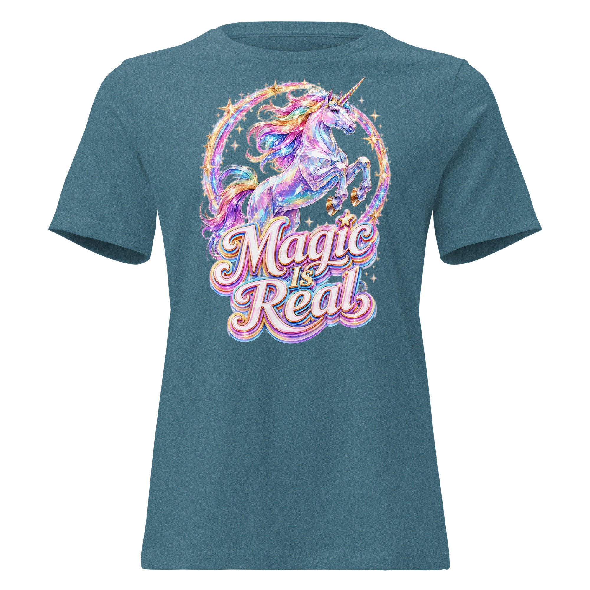 Women's Relaxed T-Shirt -Majestic Crystal Unicorn - Magic Is Real Premium Graphic Design by printfluence.net