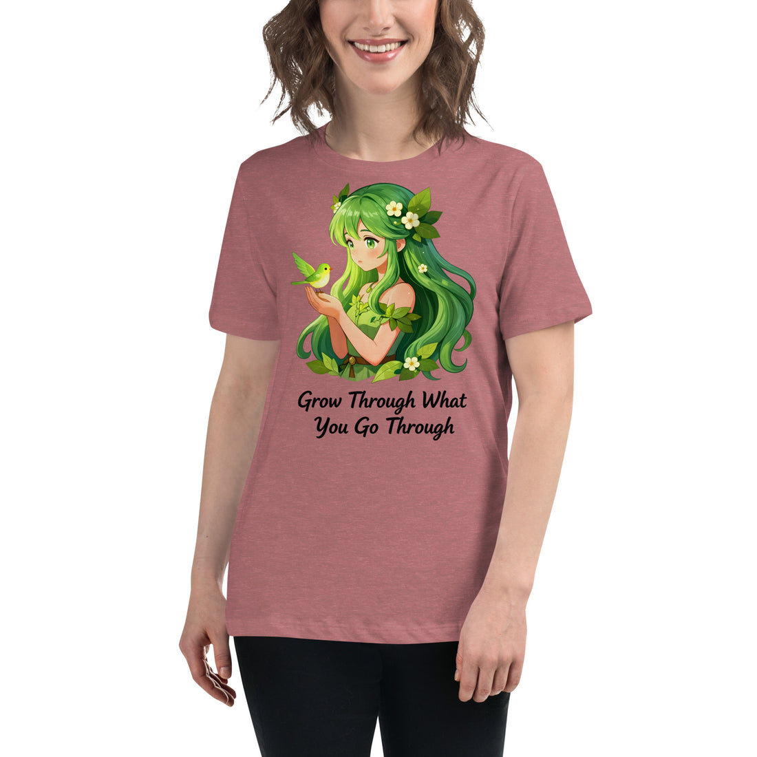 Women's Relaxed T-Shirt - Green Nature Girl With Bird – Inspirational “Grow Through What You Go Through” Quote Art by printfluence.net