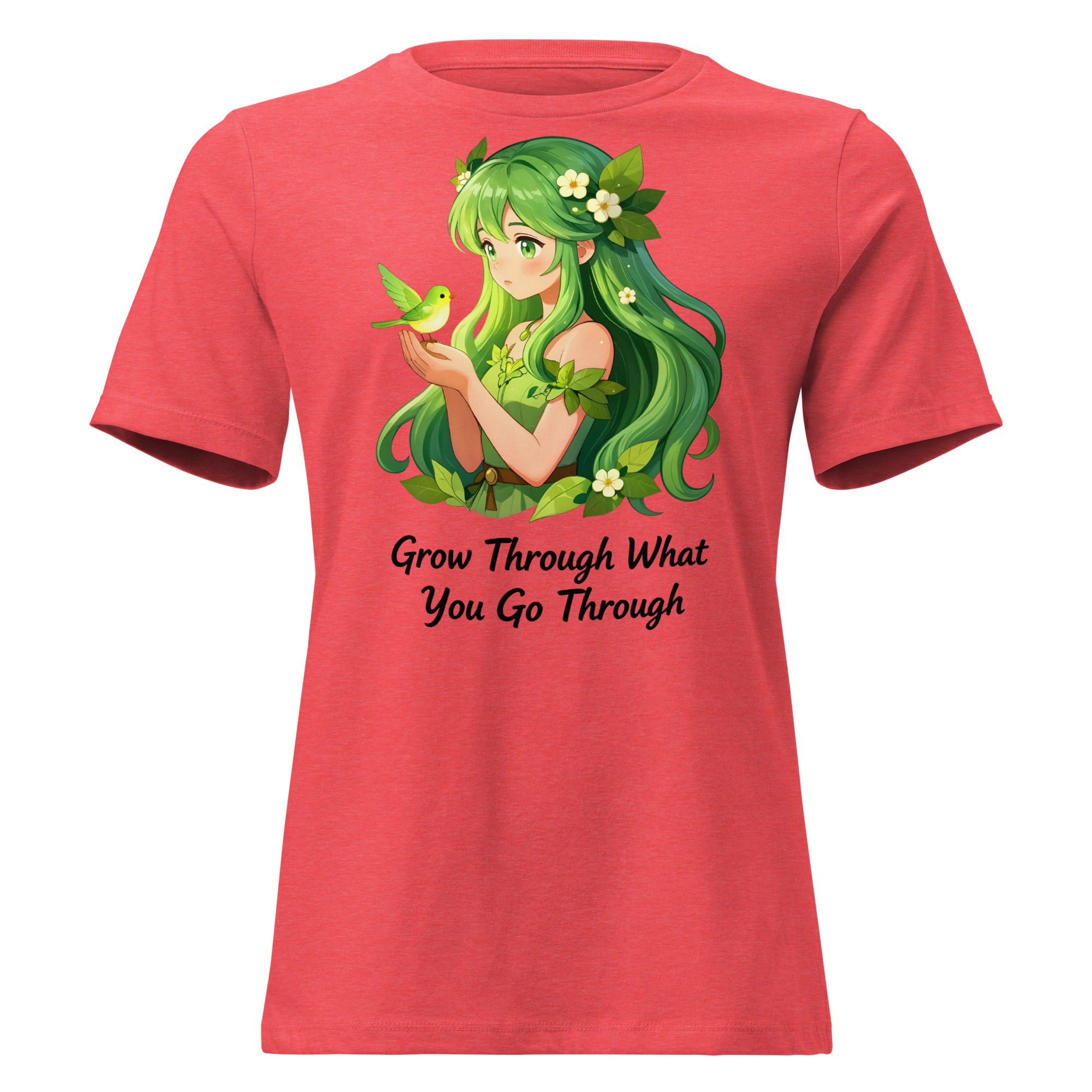 Women's Relaxed T-Shirt - Green Nature Girl With Bird – Inspirational “Grow Through What You Go Through” Quote Art by printfluence.net
