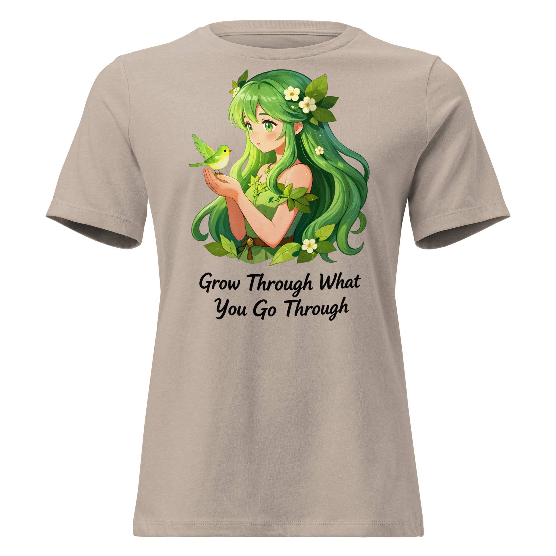 Women's Relaxed T-Shirt - Green Nature Girl With Bird – Inspirational “Grow Through What You Go Through” Quote Art by printfluence.net