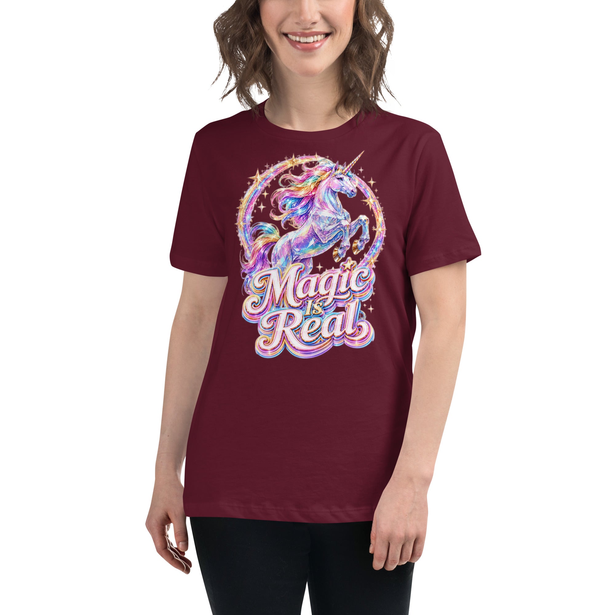 Women's Relaxed T-Shirt -Majestic Crystal Unicorn - Magic Is Real Premium Graphic Design by printfluence.net