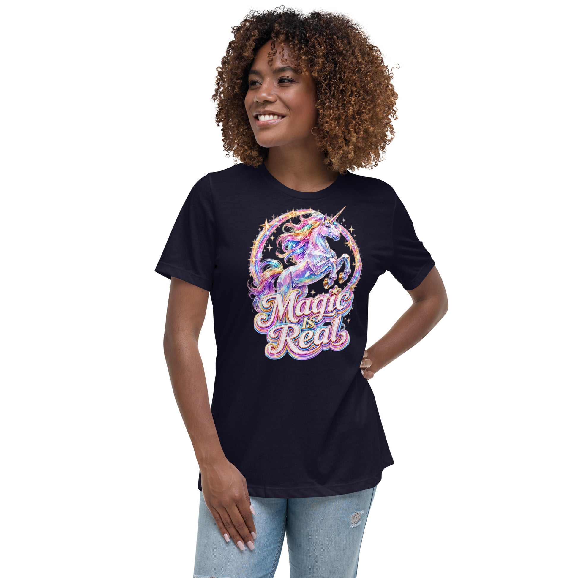 Women's Relaxed T-Shirt -Majestic Crystal Unicorn - Magic Is Real Premium Graphic Design by printfluence.net