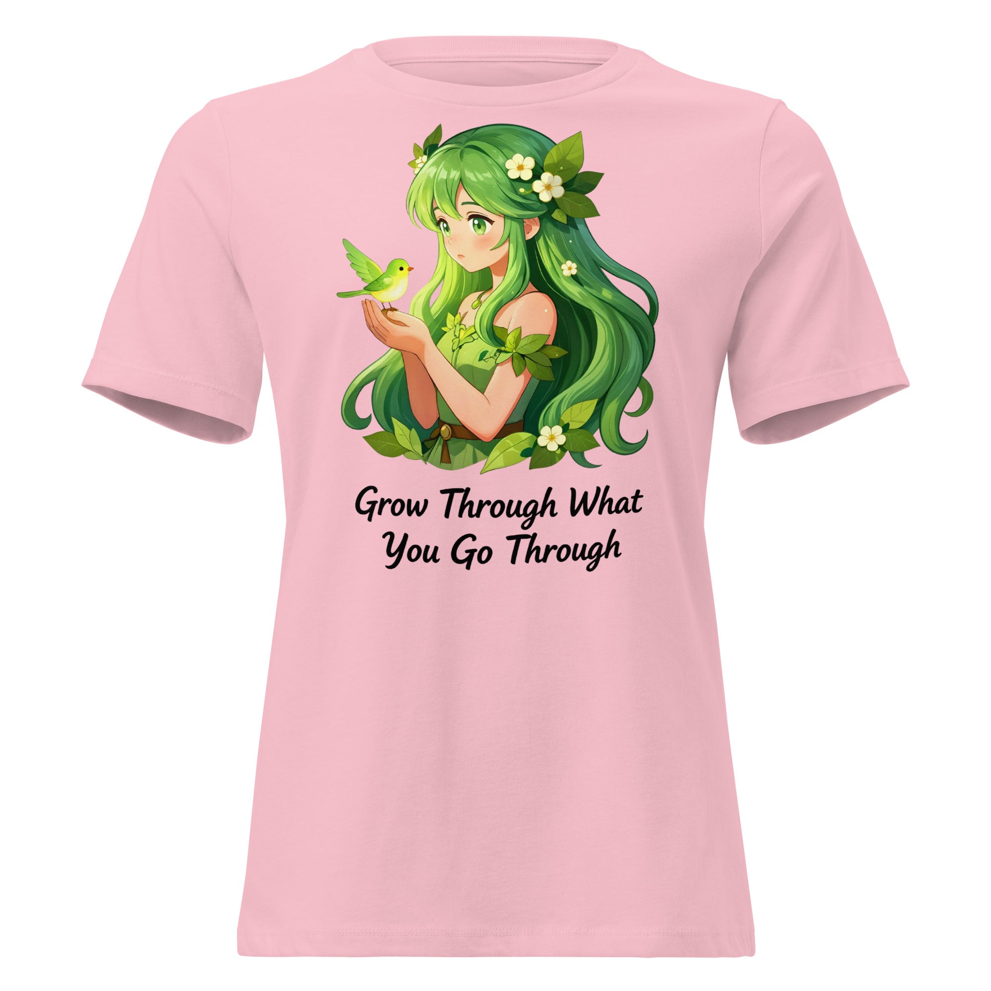 Women's Relaxed T-Shirt - Green Nature Girl With Bird – Inspirational “Grow Through What You Go Through” Quote Art by printfluence.net