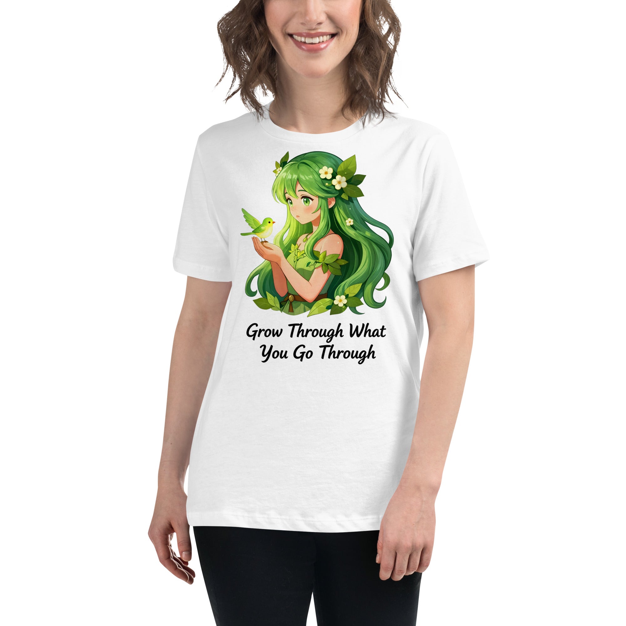 Women's Relaxed T-Shirt - Green Nature Girl With Bird – Inspirational “Grow Through What You Go Through” Quote Art by printfluence.net