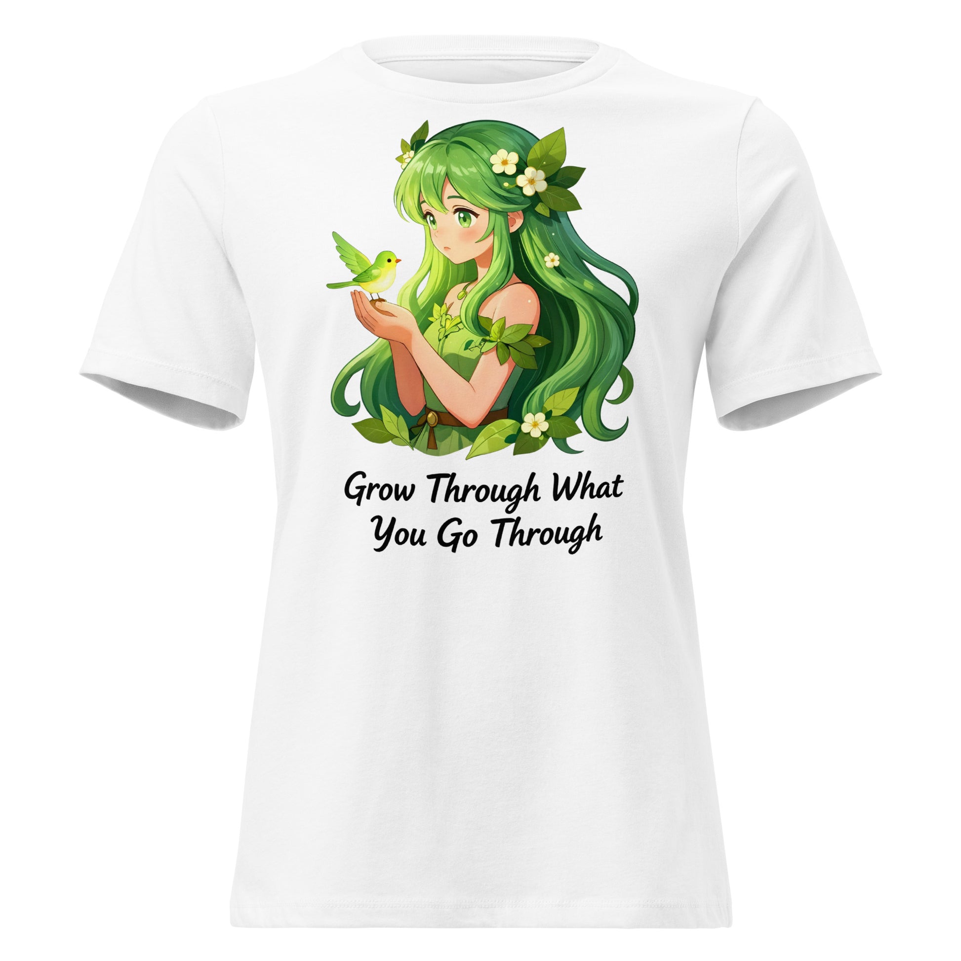 Women's Relaxed T-Shirt - Green Nature Girl With Bird – Inspirational “Grow Through What You Go Through” Quote Art by printfluence.net