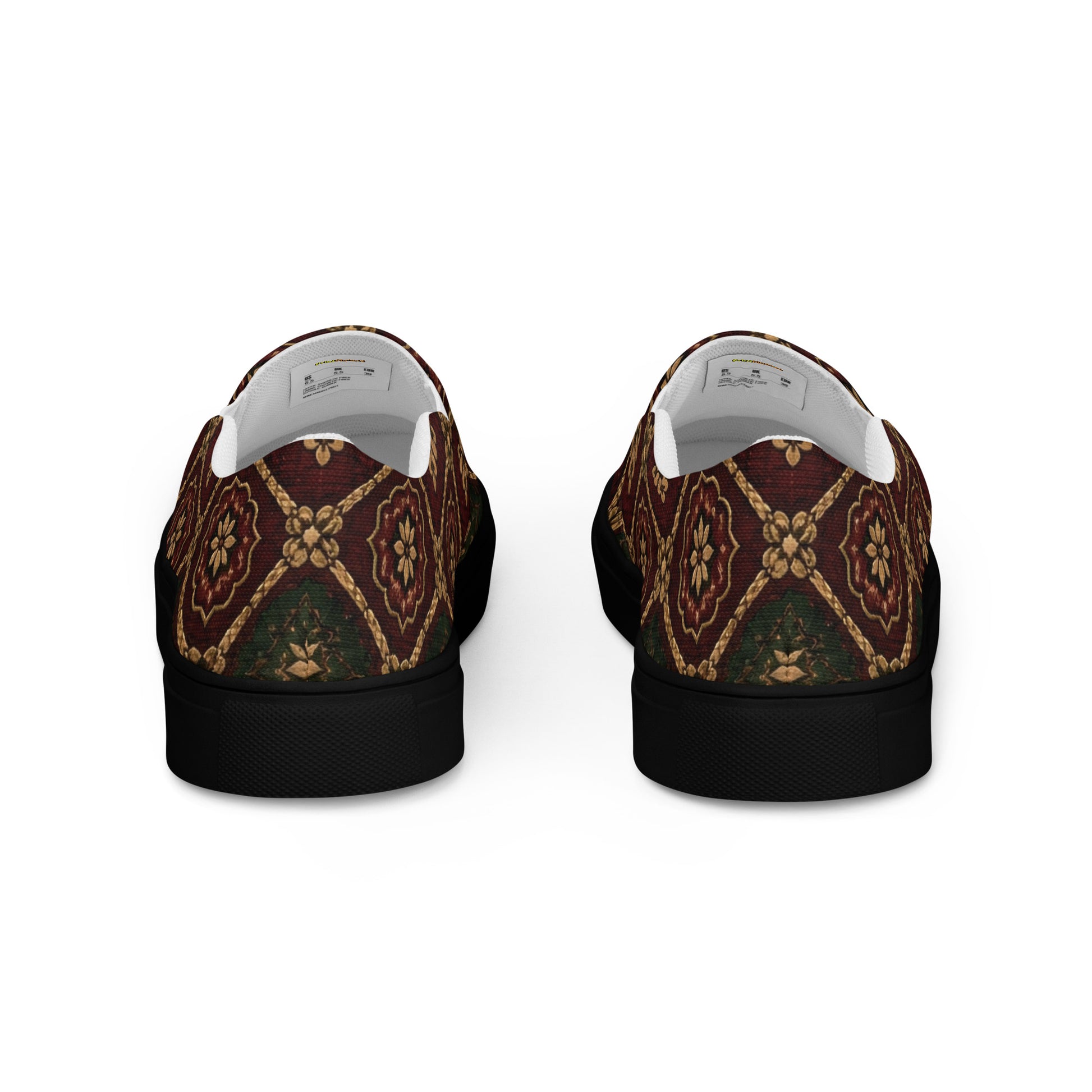 Women’s slip-on canvas shoes - Crimson Royalty: Women’s Slip-On Canvas Shoes - Vintage Gold & Burgundy Damask Art by printfluence.net