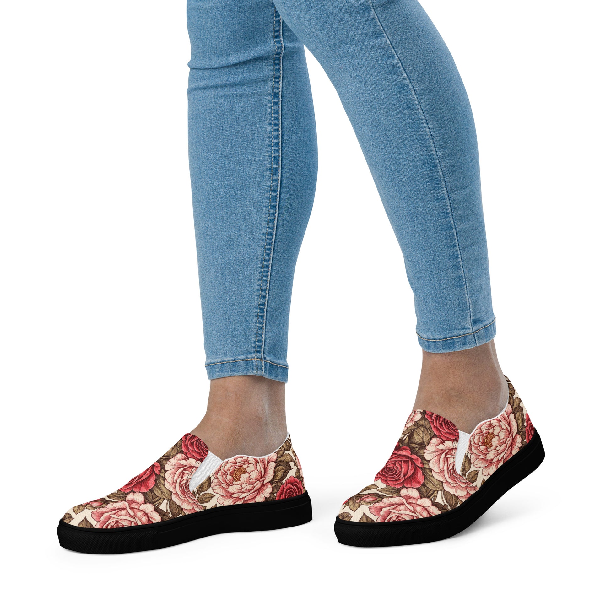 Women’s slip-on canvas shoes - Rose Garden Slip-On Shoes – Women's Floral Canvas Sneakers by printfluence.net