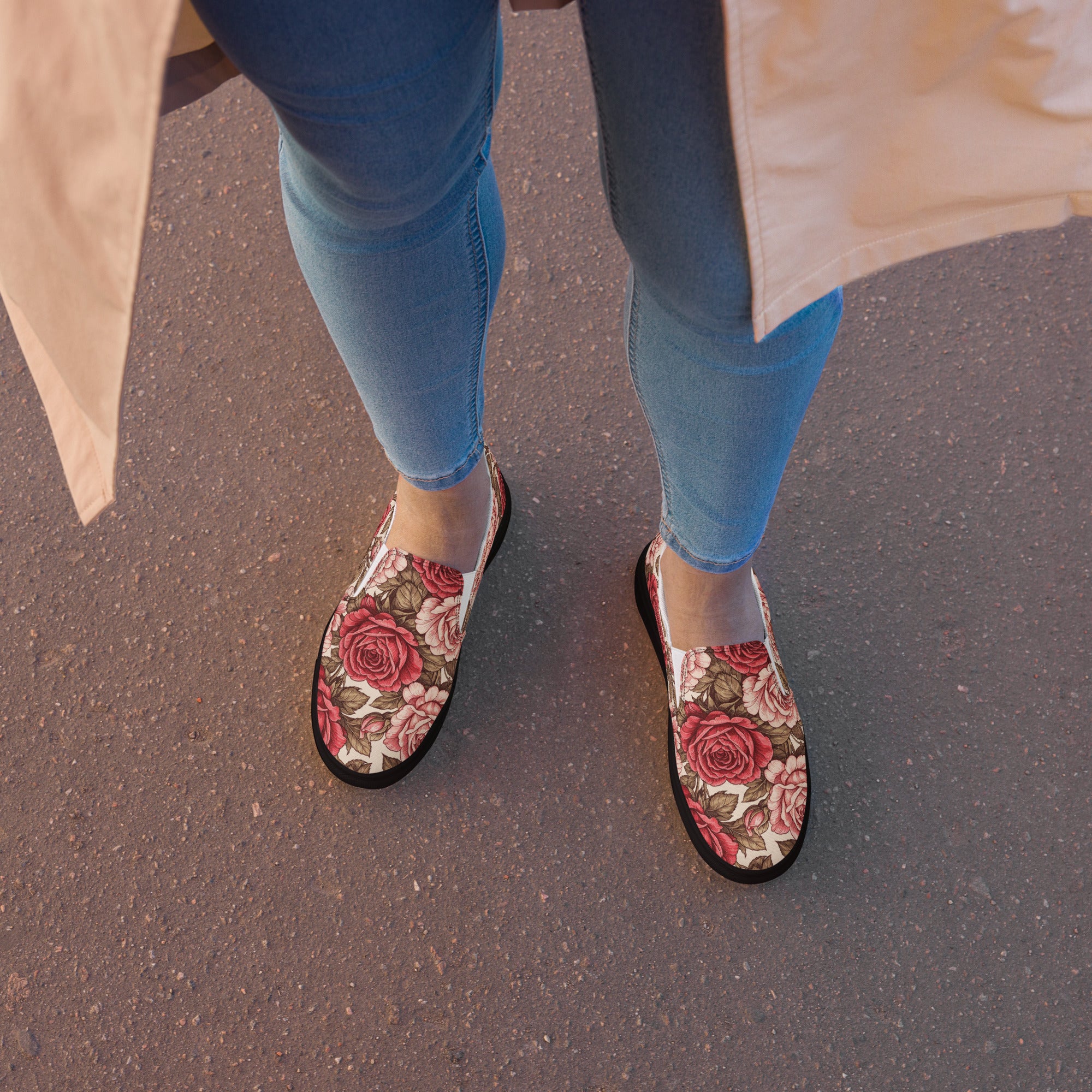 Women’s slip-on canvas shoes - Rose Garden Slip-On Shoes – Women's Floral Canvas Sneakers by printfluence.net
