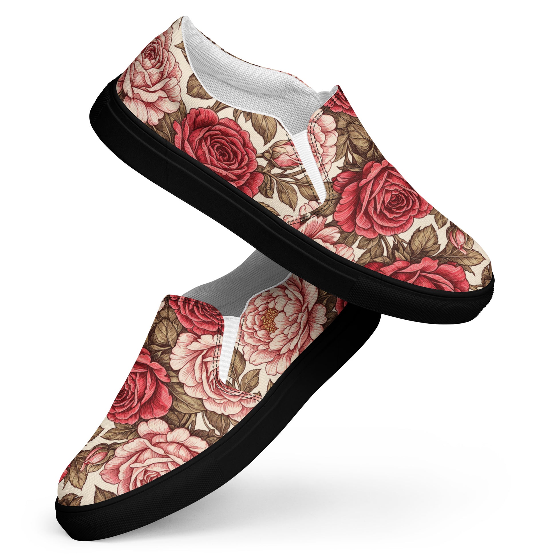 Women’s slip-on canvas shoes - Rose Garden Slip-On Shoes – Women's Floral Canvas Sneakers by printfluence.net