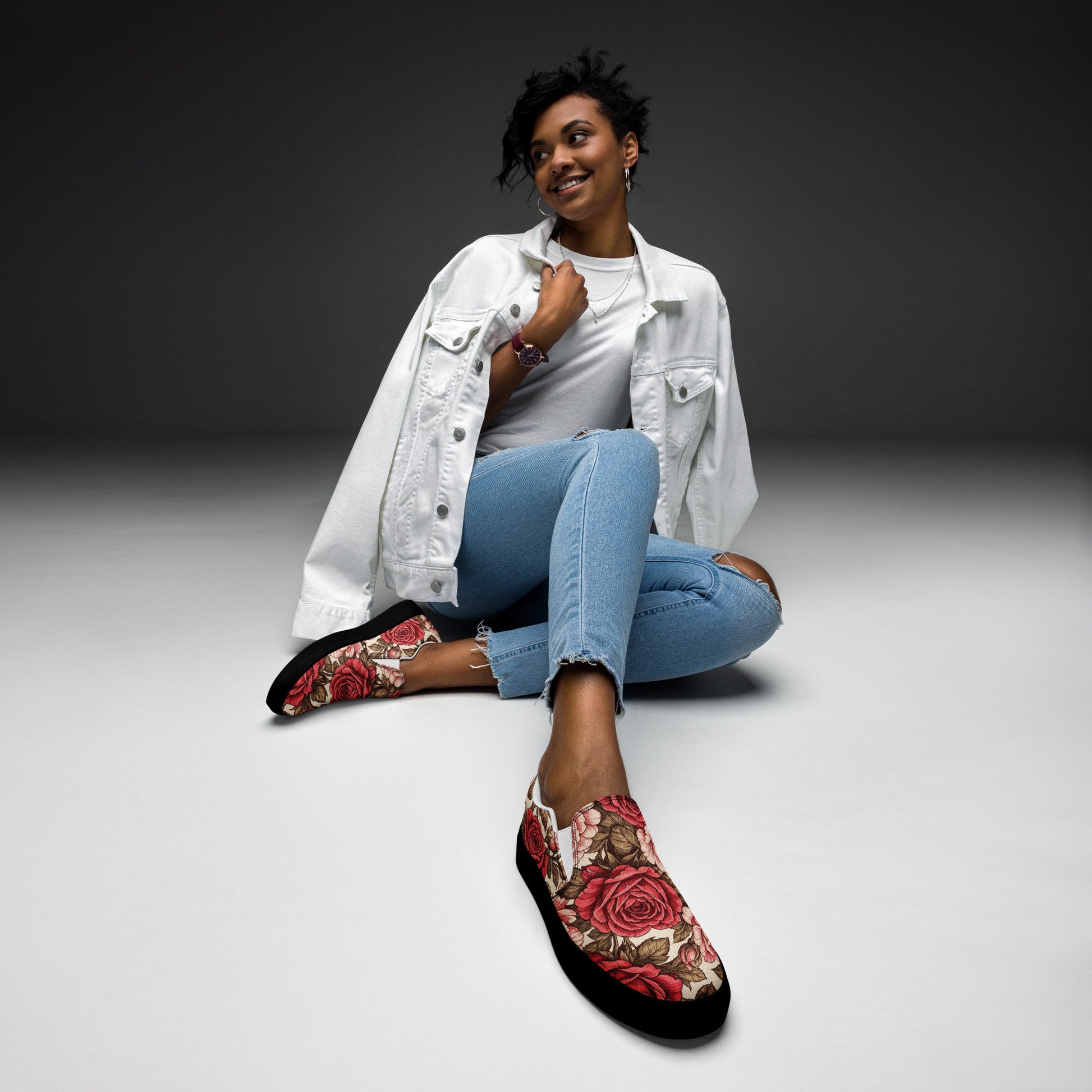 Women’s slip-on canvas shoes - Rose Garden Slip-On Shoes – Women's Floral Canvas Sneakers by printfluence.net