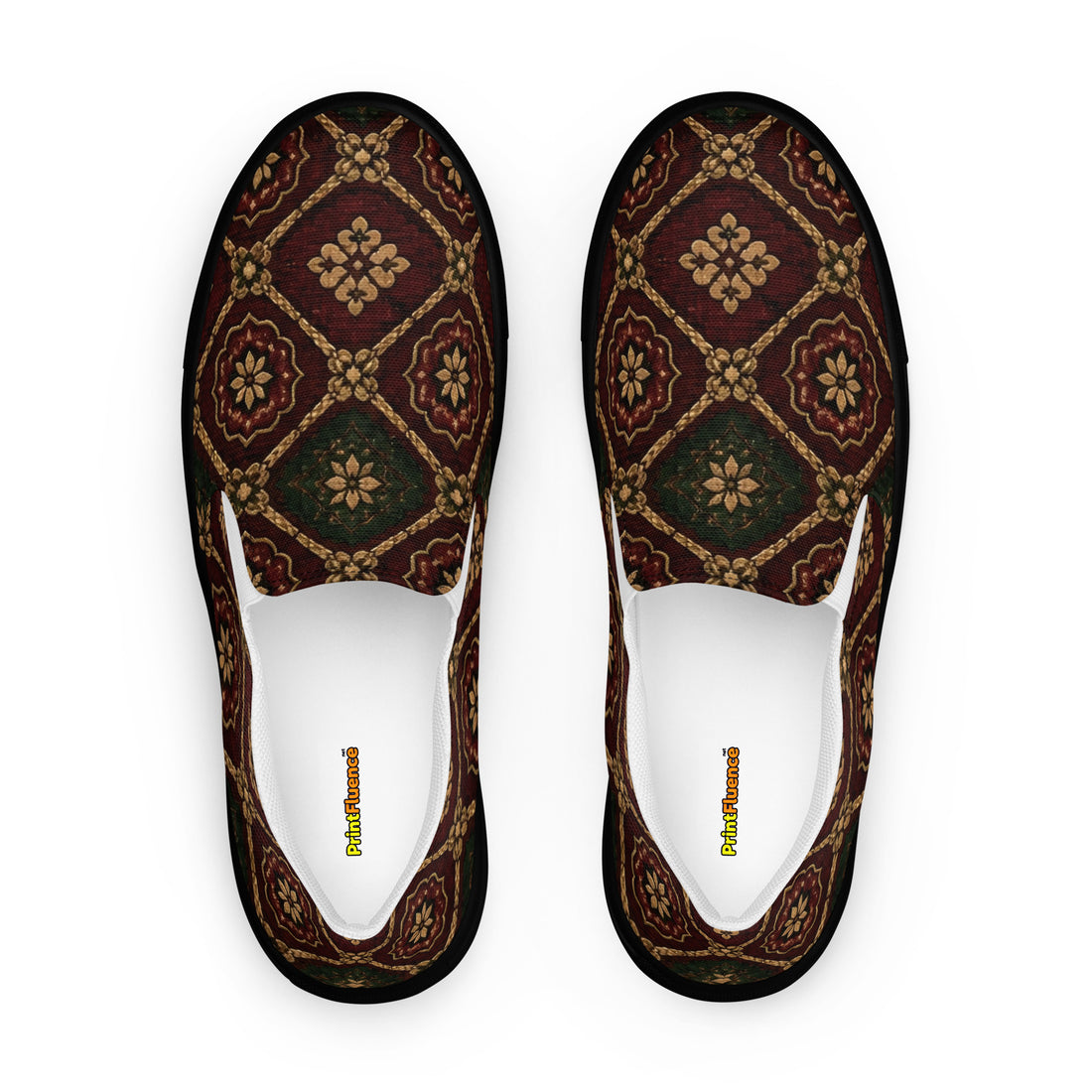 Women’s slip-on canvas shoes - Crimson Royalty: Women’s Slip-On Canvas Shoes - Vintage Gold & Burgundy Damask Art by printfluence.net