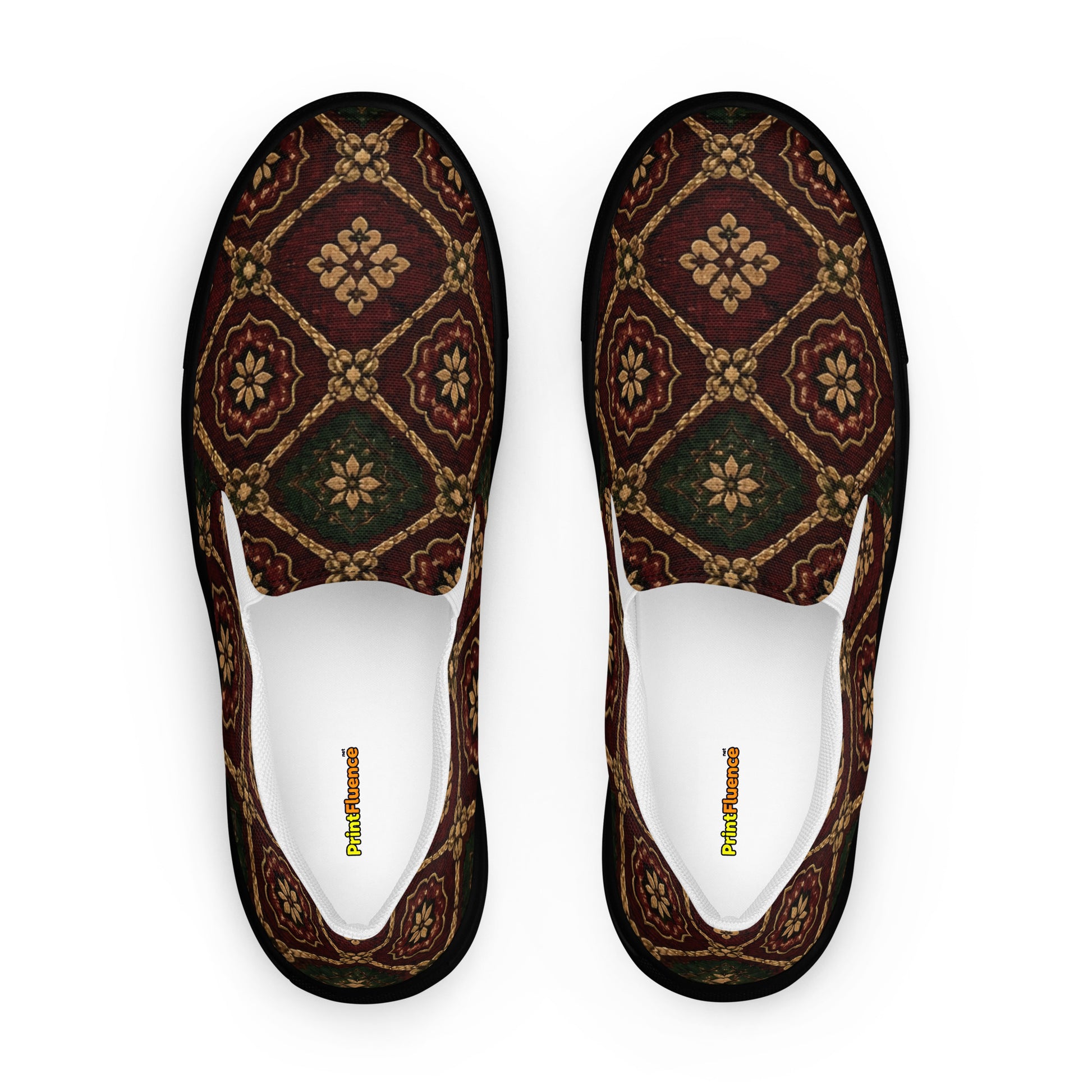 Women’s slip-on canvas shoes - Crimson Royalty: Women’s Slip-On Canvas Shoes - Vintage Gold & Burgundy Damask Art by printfluence.net