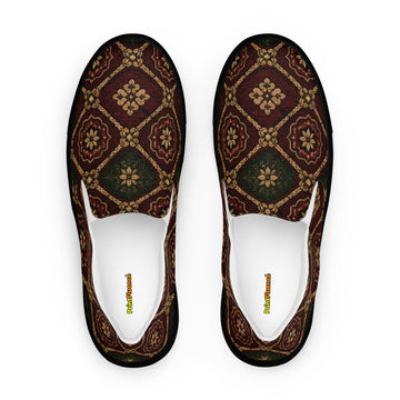Women’s slip-on canvas shoes - Crimson Royalty: Women’s Slip-On Canvas Shoes - Vintage Gold & Burgundy Damask Art by printfluence.net