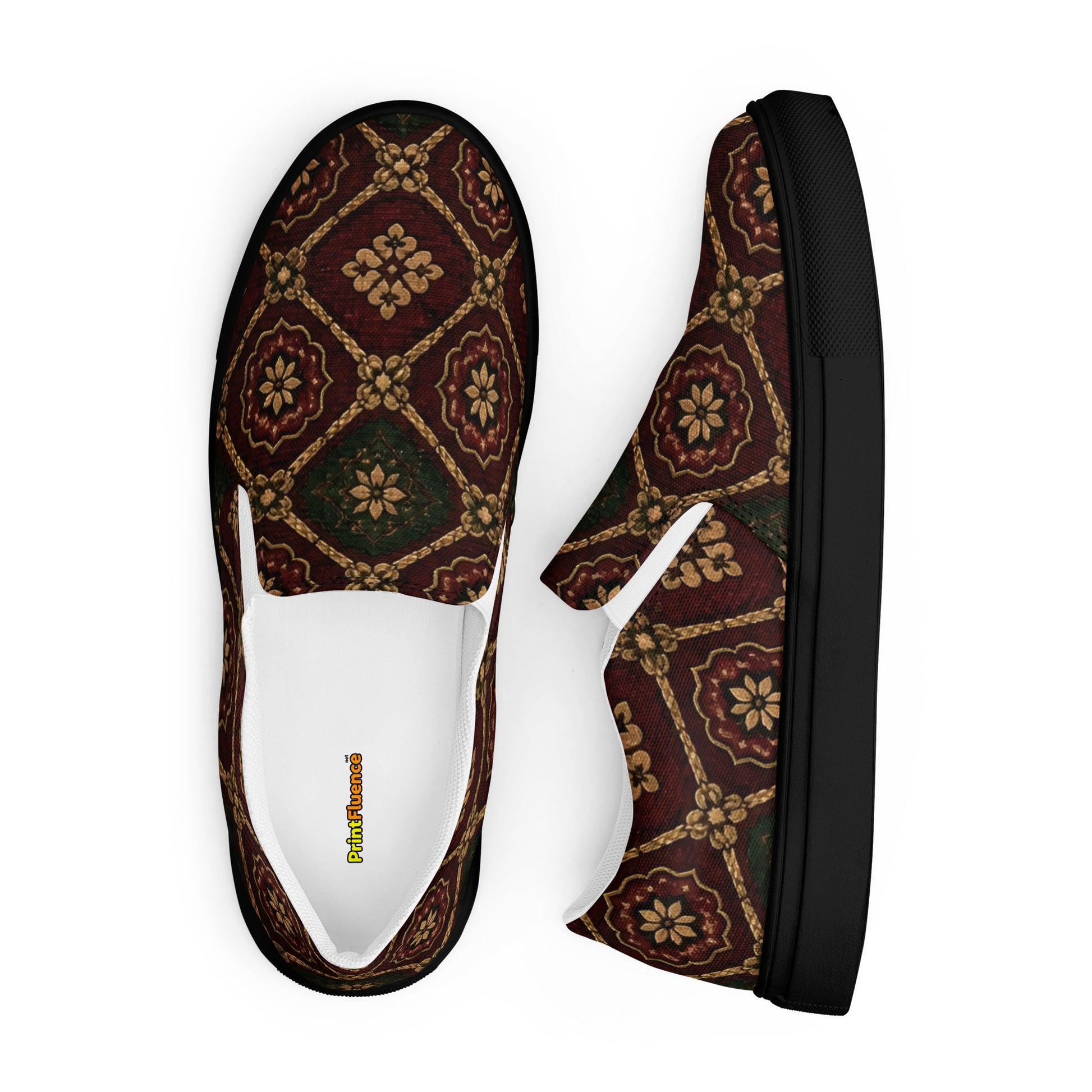 Women’s slip-on canvas shoes - Crimson Royalty: Women’s Slip-On Canvas Shoes - Vintage Gold & Burgundy Damask Art by printfluence.net