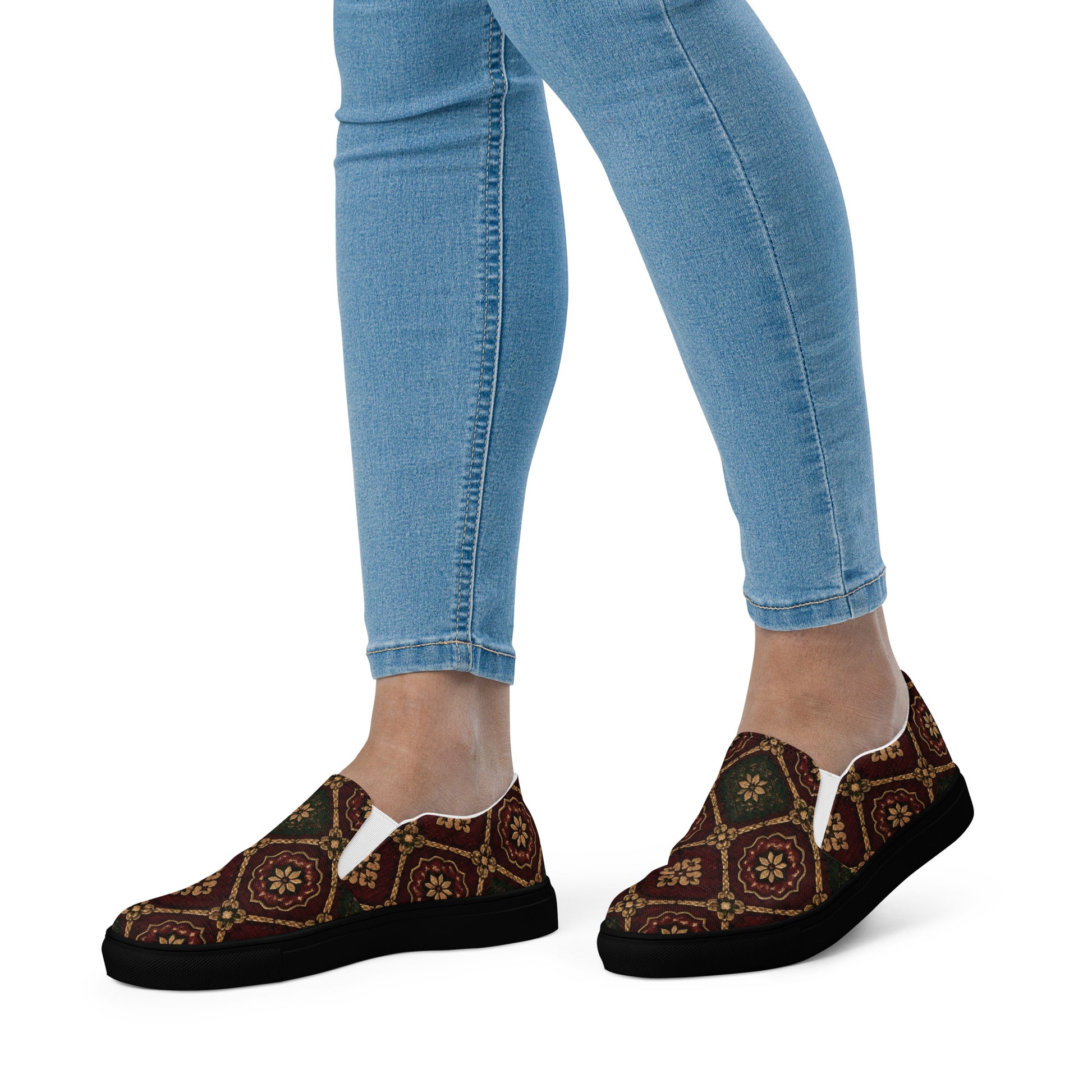 Women’s slip-on canvas shoes - Crimson Royalty: Women’s Slip-On Canvas Shoes - Vintage Gold & Burgundy Damask Art by printfluence.net