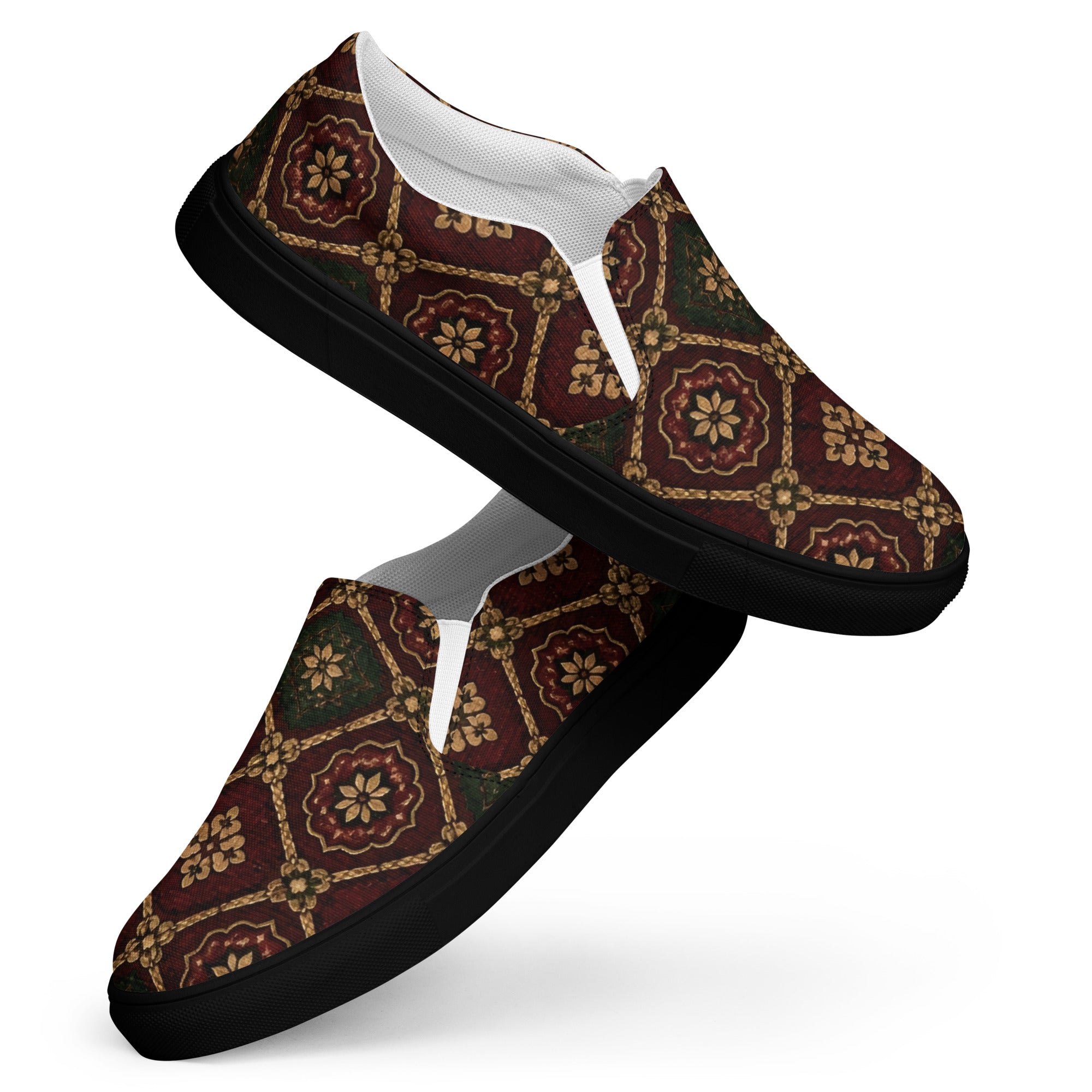 Women’s slip-on canvas shoes - Crimson Royalty: Women’s Slip-On Canvas Shoes - Vintage Gold & Burgundy Damask Art by printfluence.net