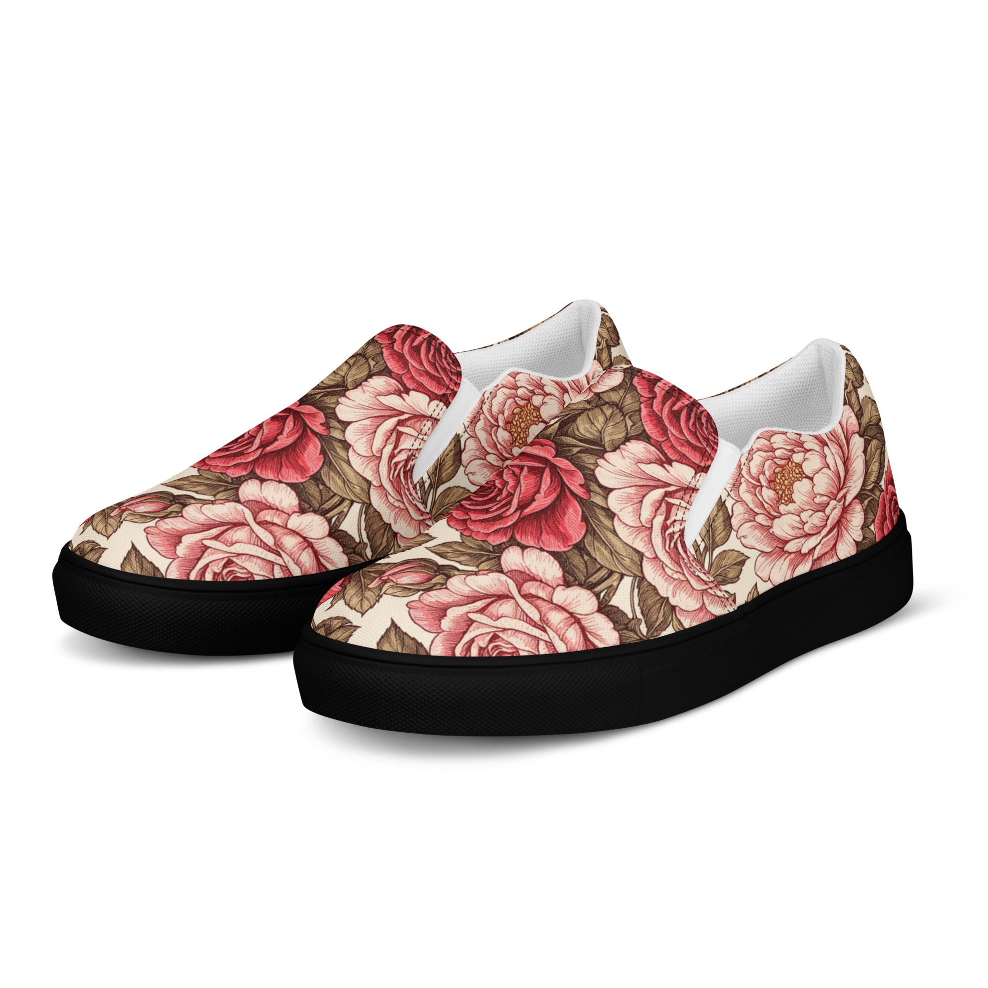 Women’s slip-on canvas shoes - Rose Garden Slip-On Shoes – Women's Floral Canvas Sneakers by printfluence.net