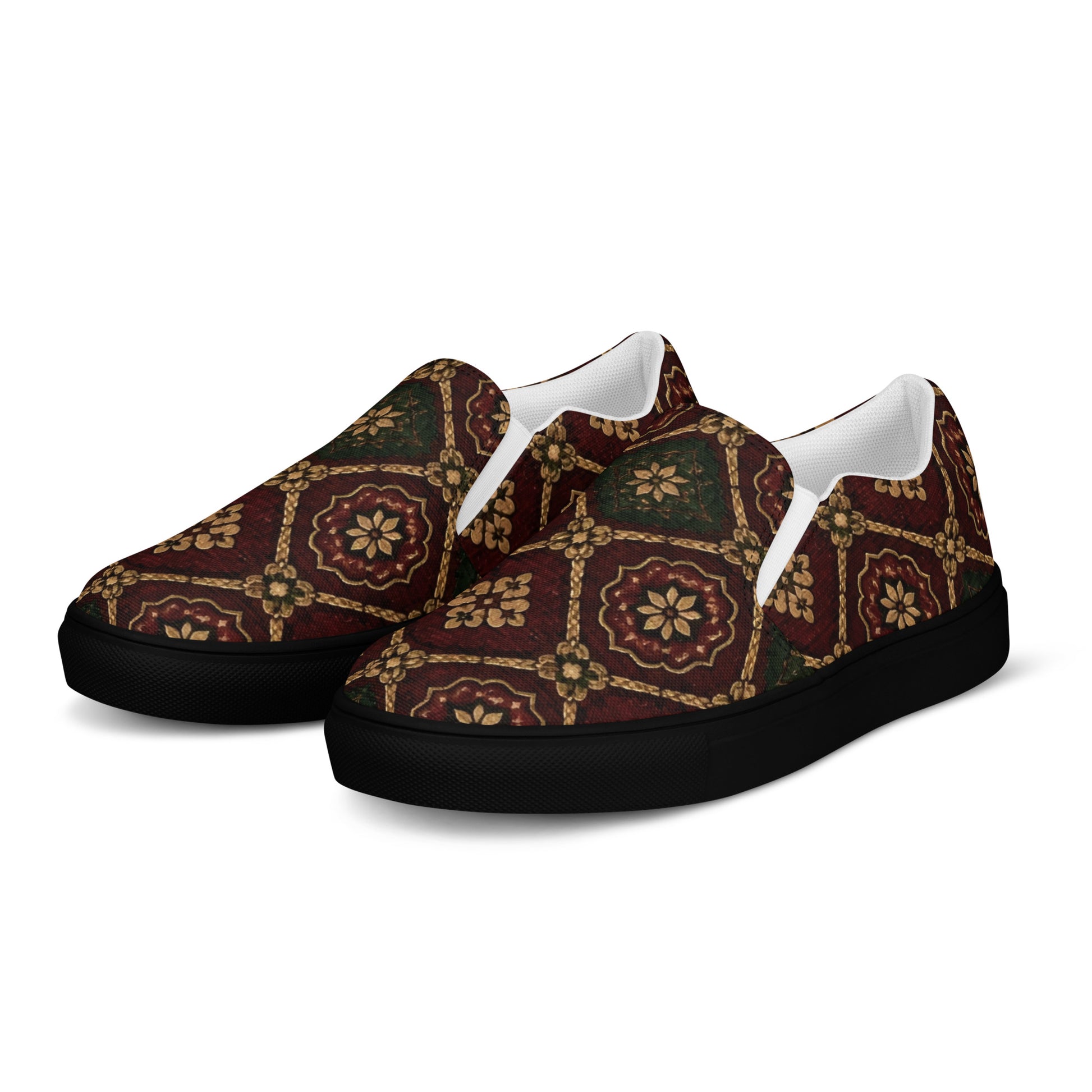 Women’s slip-on canvas shoes - Crimson Royalty: Women’s Slip-On Canvas Shoes - Vintage Gold & Burgundy Damask Art by printfluence.net