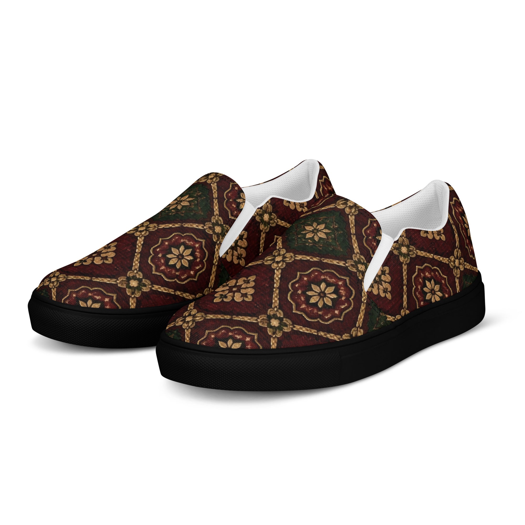 Women’s slip-on canvas shoes - Crimson Royalty: Women’s Slip-On Canvas Shoes - Vintage Gold & Burgundy Damask Art by printfluence.net